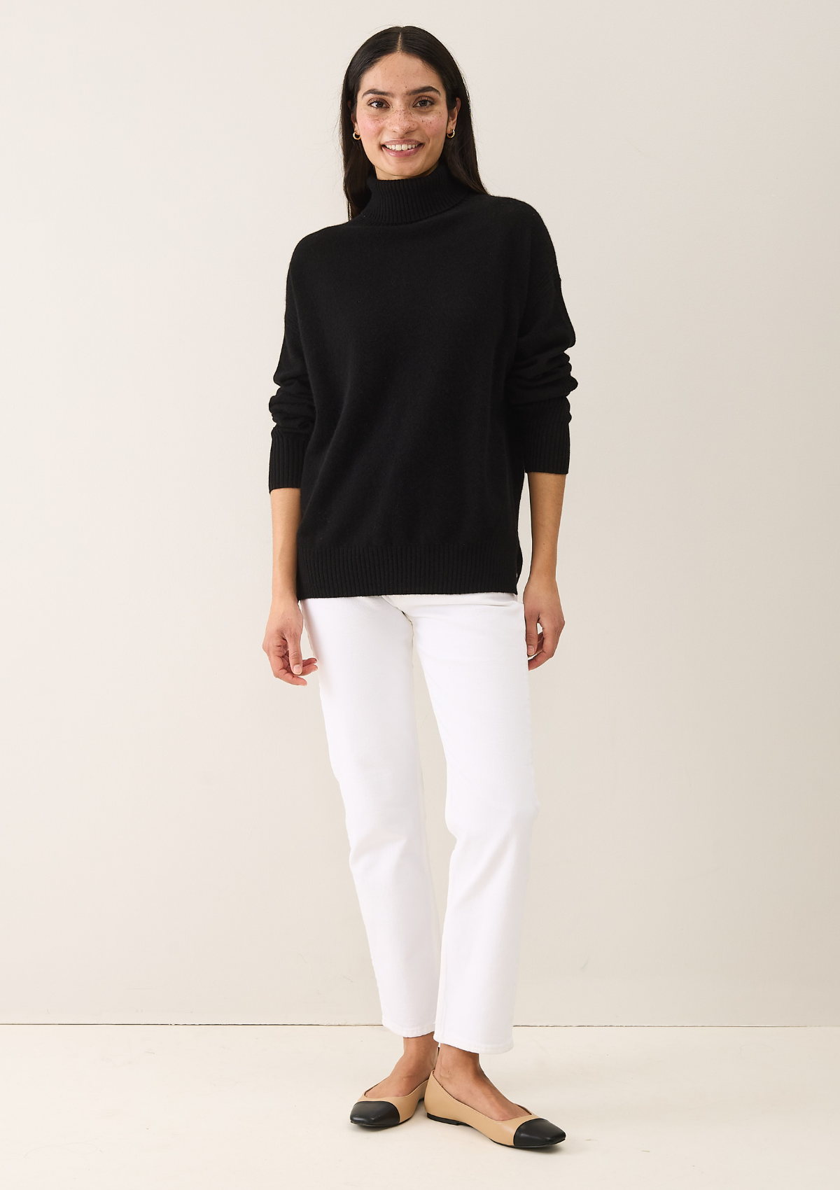 Chevron Detail Relaxed Polo Neck Sweater in Jet Black