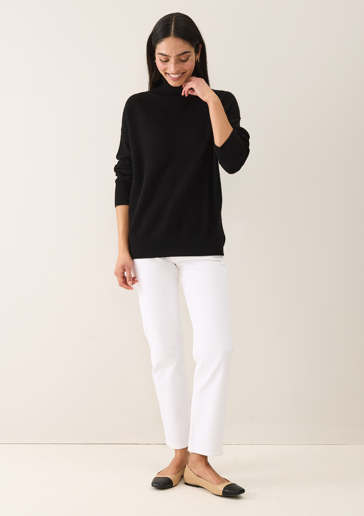 Chevron Detail Relaxed Polo Neck Sweater in Jet Black