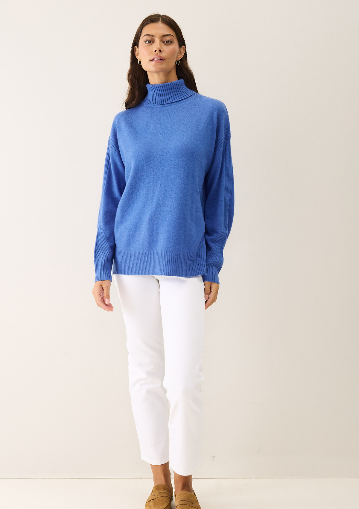 Chevron Detail Relaxed Polo Neck Sweater in Lake Blue