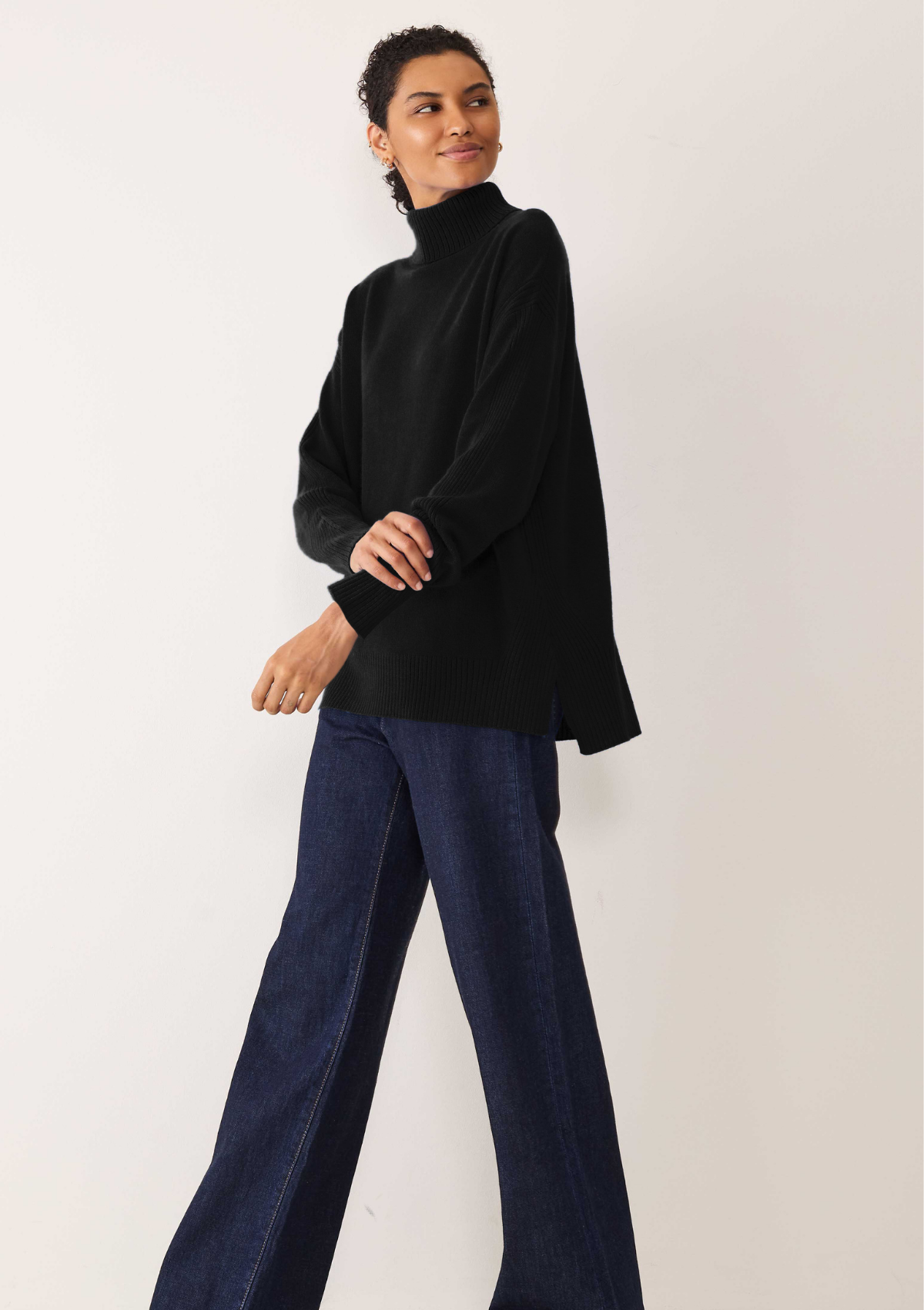 Chevron Detail Relaxed Polo Sweater in Jet Black