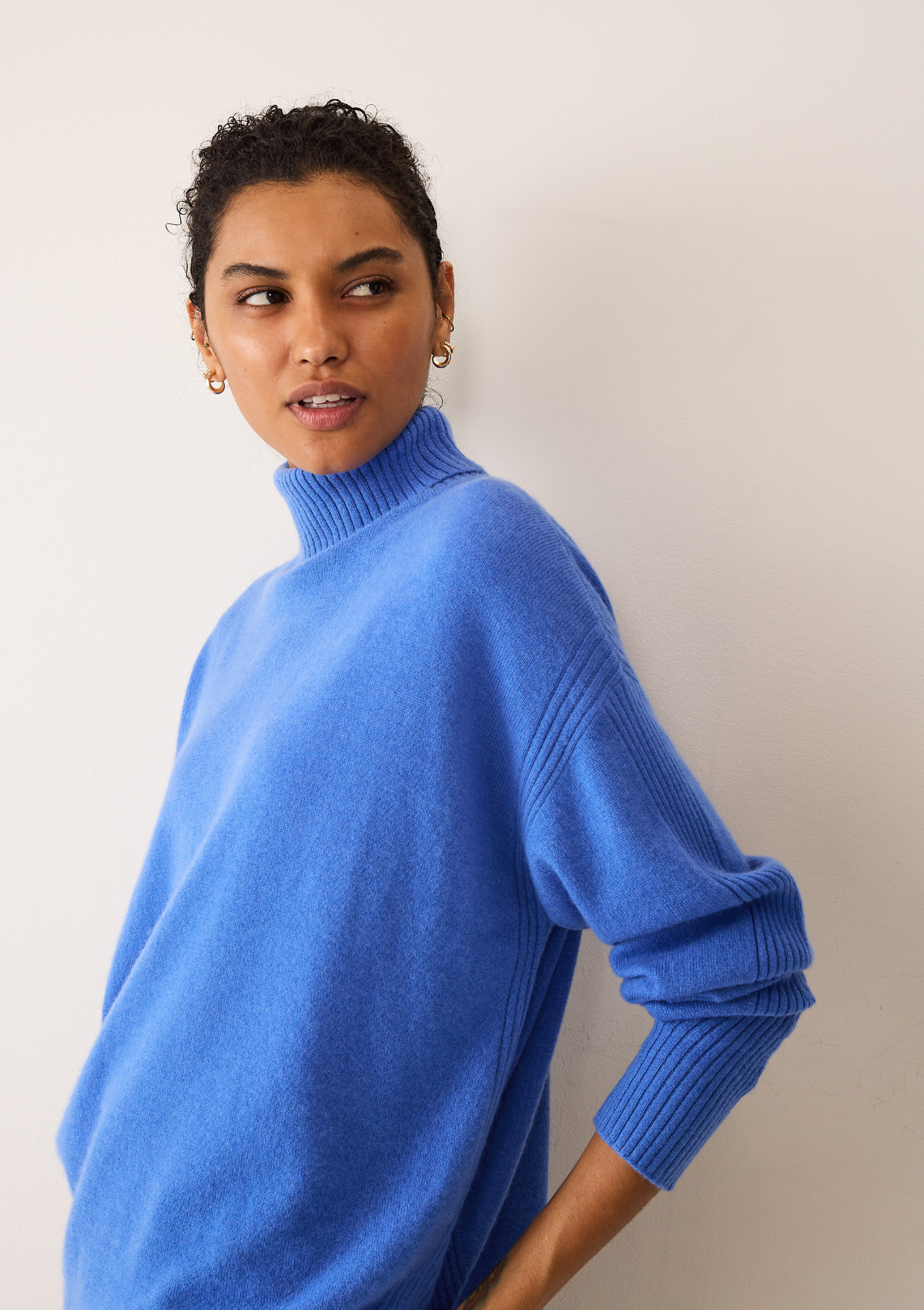 Chevron Detail Relaxed Polo Neck Sweater in Lake Blue