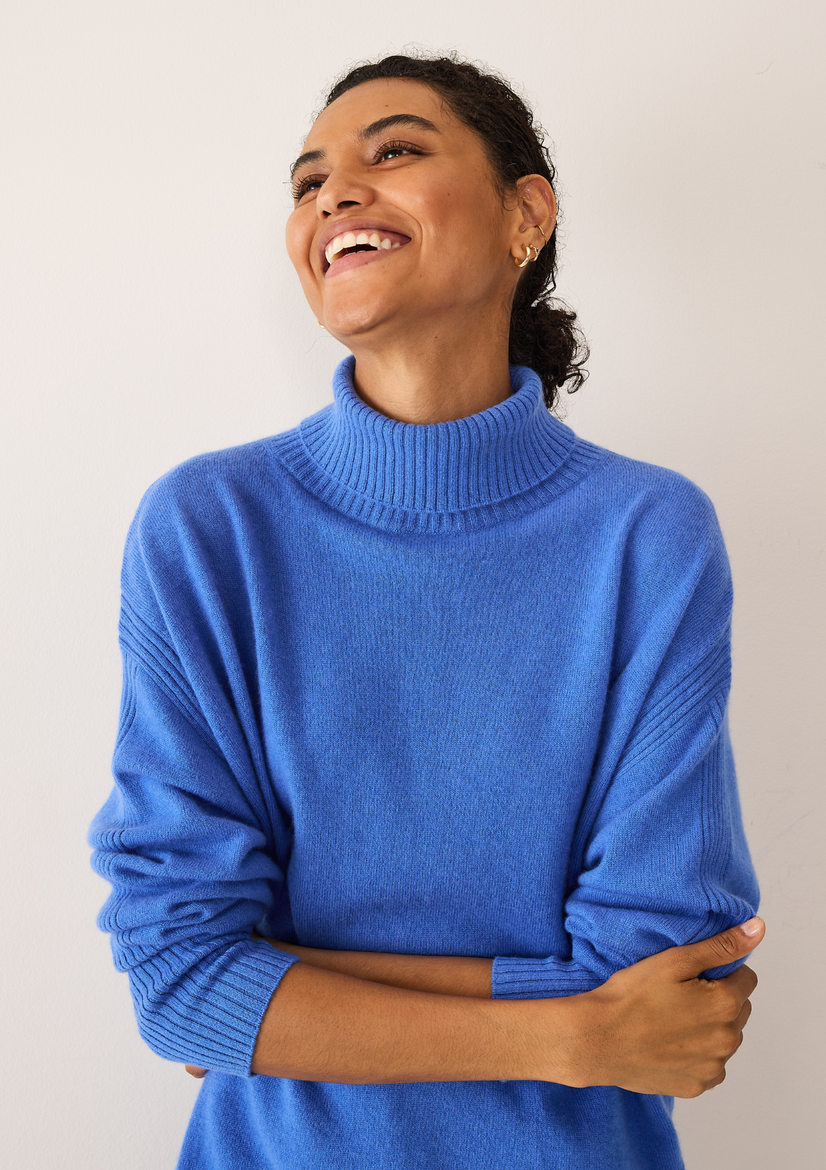 Chevron Detail Relaxed Polo Neck Sweater in Lake Blue