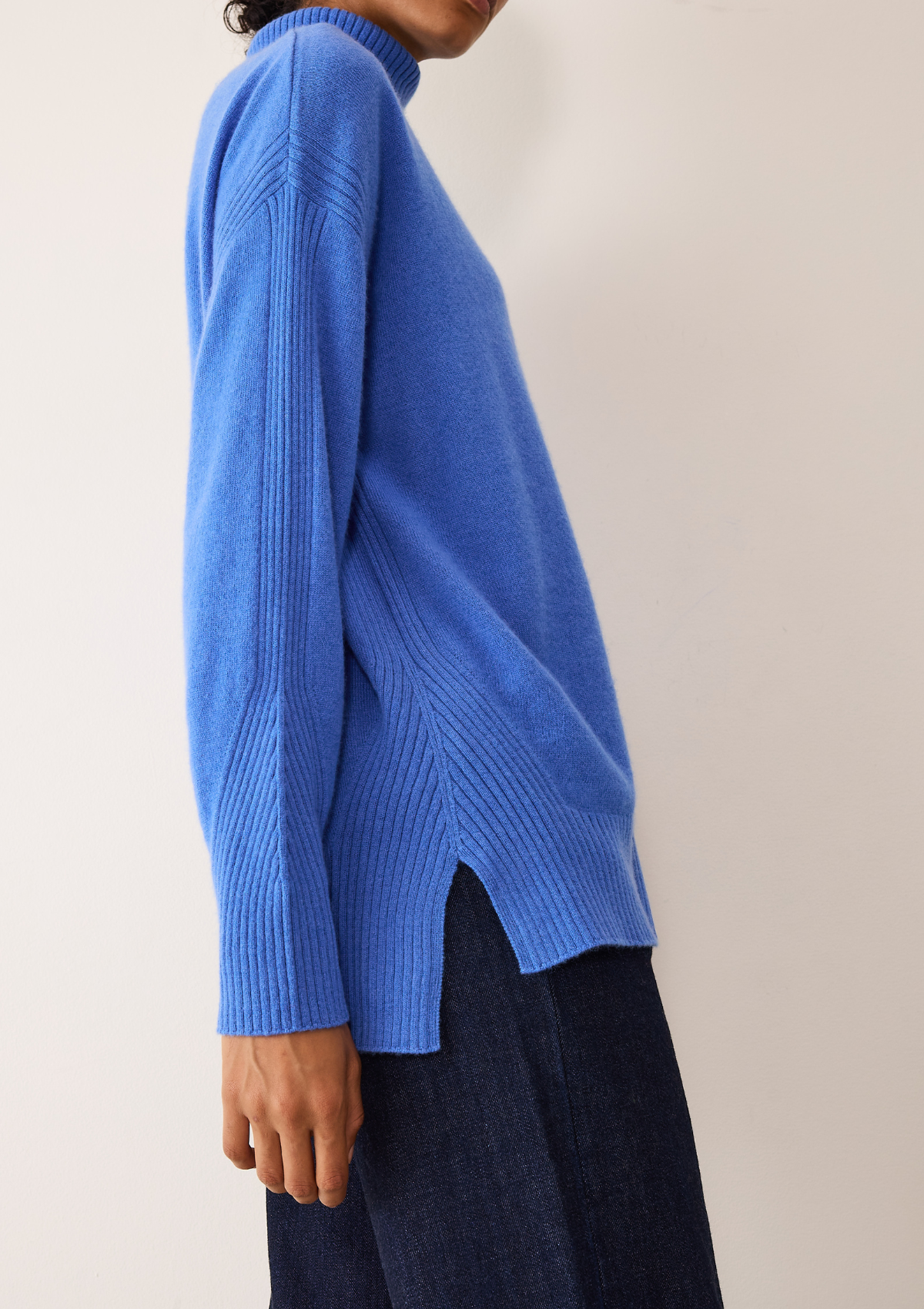 Chevron Detail Relaxed Polo Neck Sweater in Lake Blue