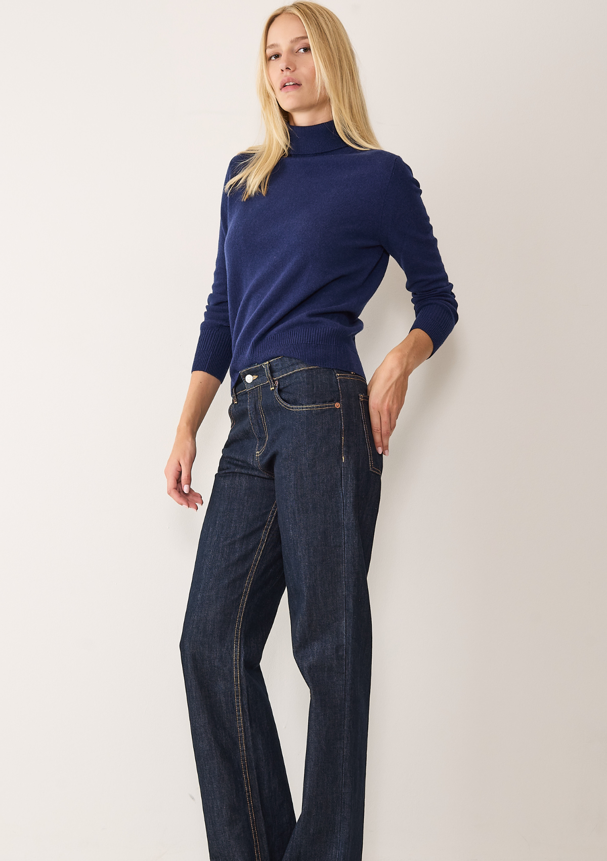 Cashmere Polo Neck Sweater in Midnight Blue