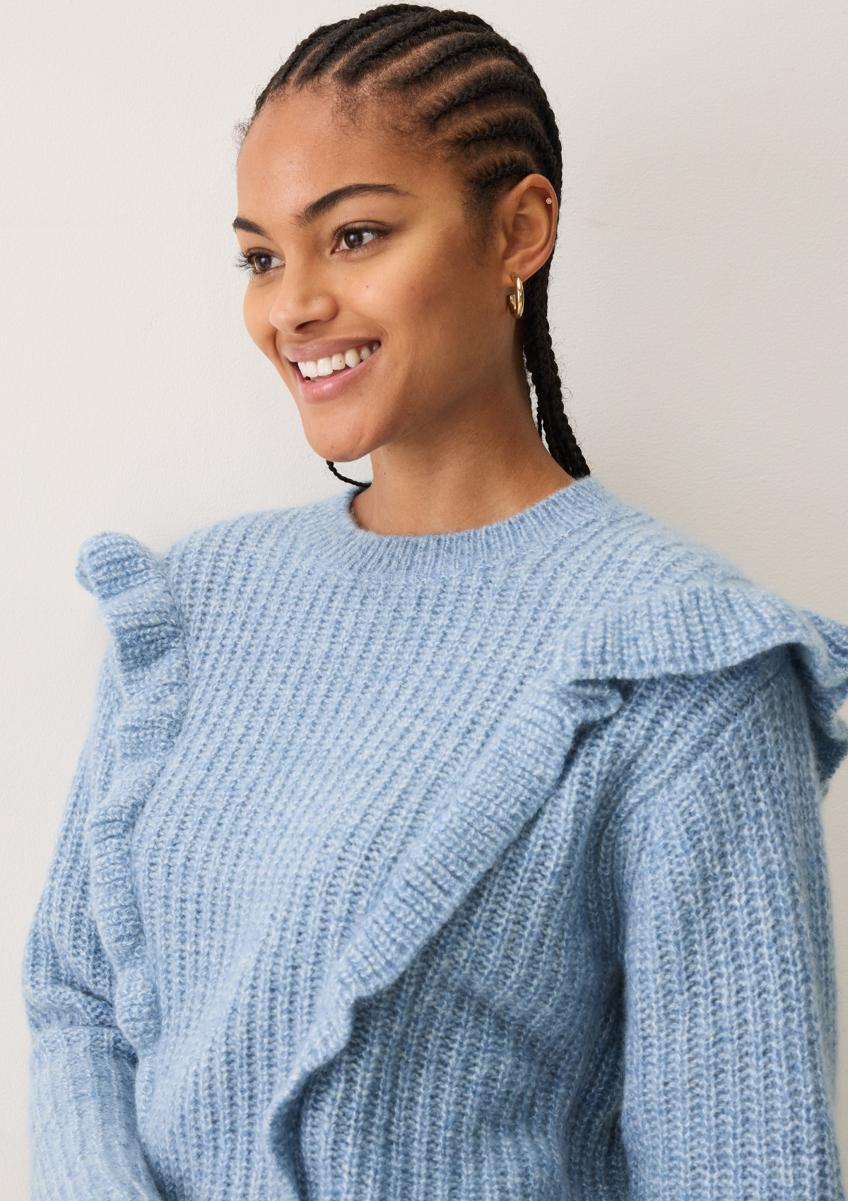 Silk & Cashmere Frilled Sweater in Frosty Blue