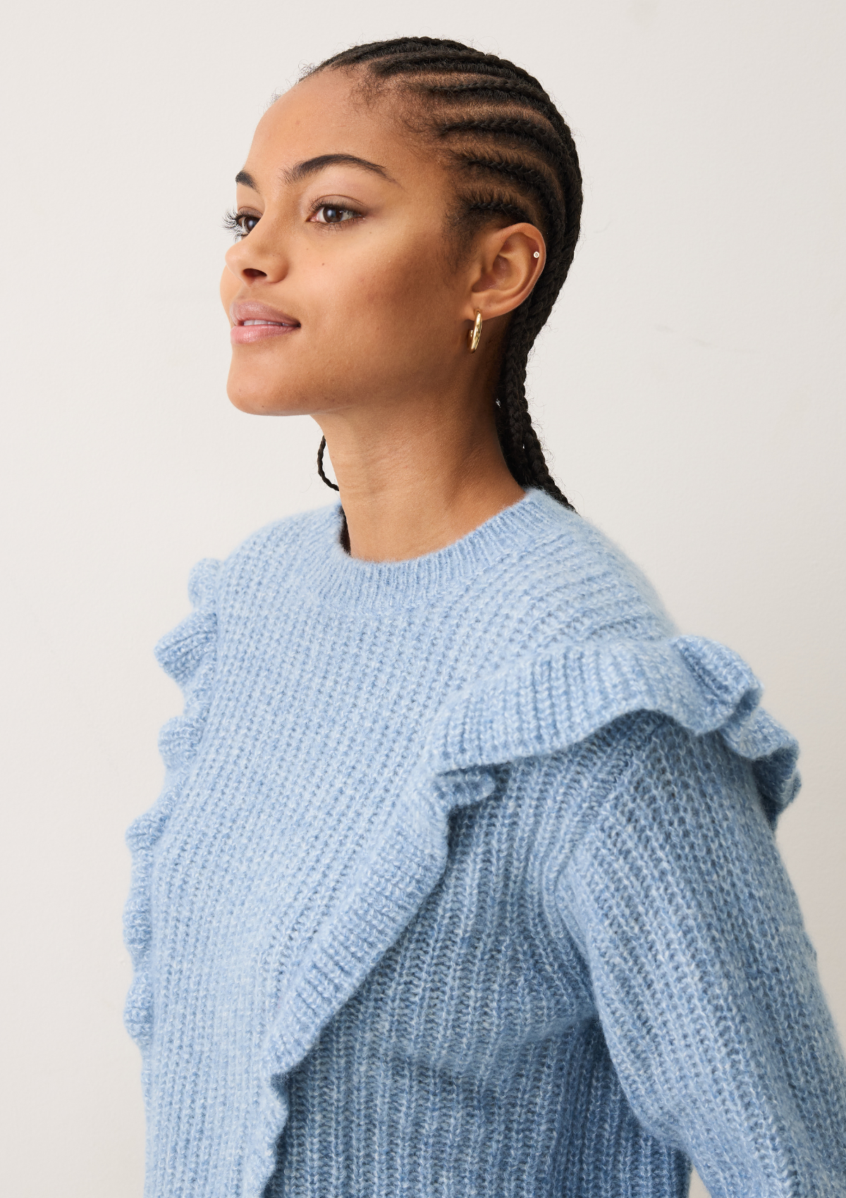 Silk & Cashmere Frilled Sweater in Frosty Blue
