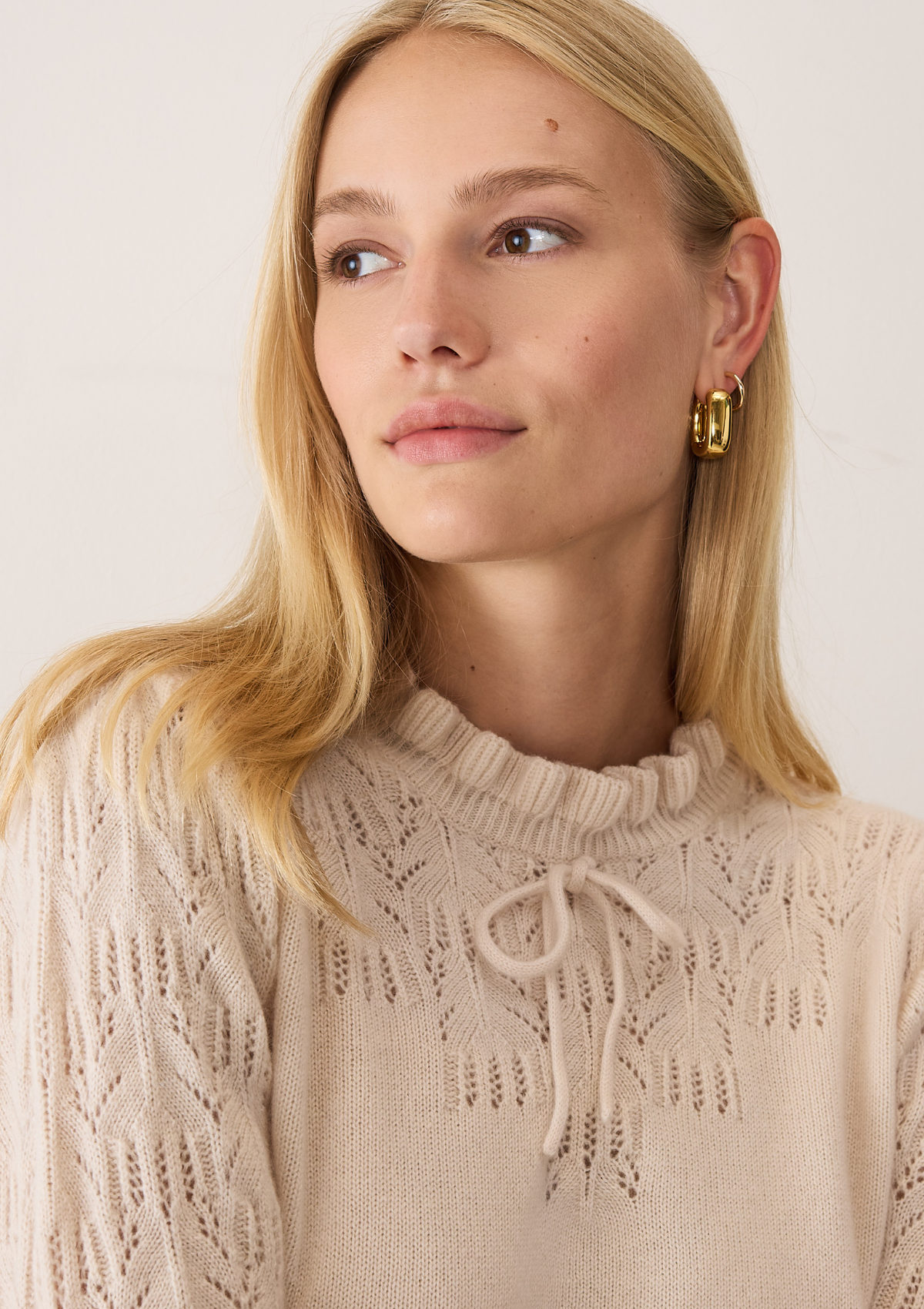 Tie Neck Pointelle Sweater in Feather Neutral