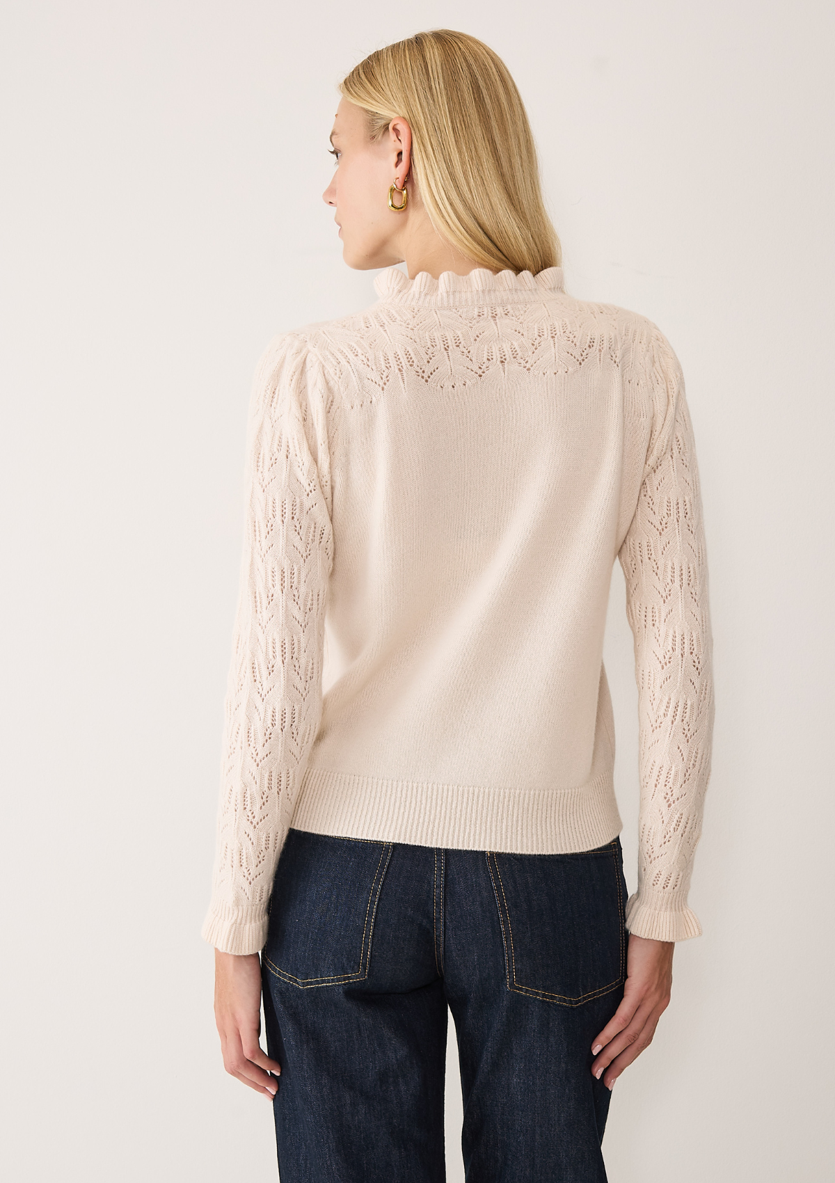 Tie Neck Pointelle Sweater in Feather Neutral