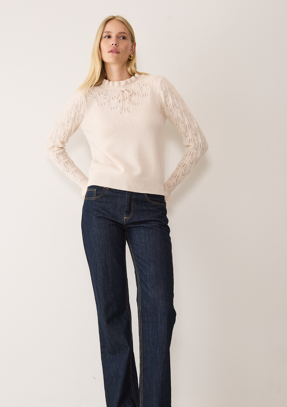 Tie Neck Pointelle Sweater in Feather Neutral