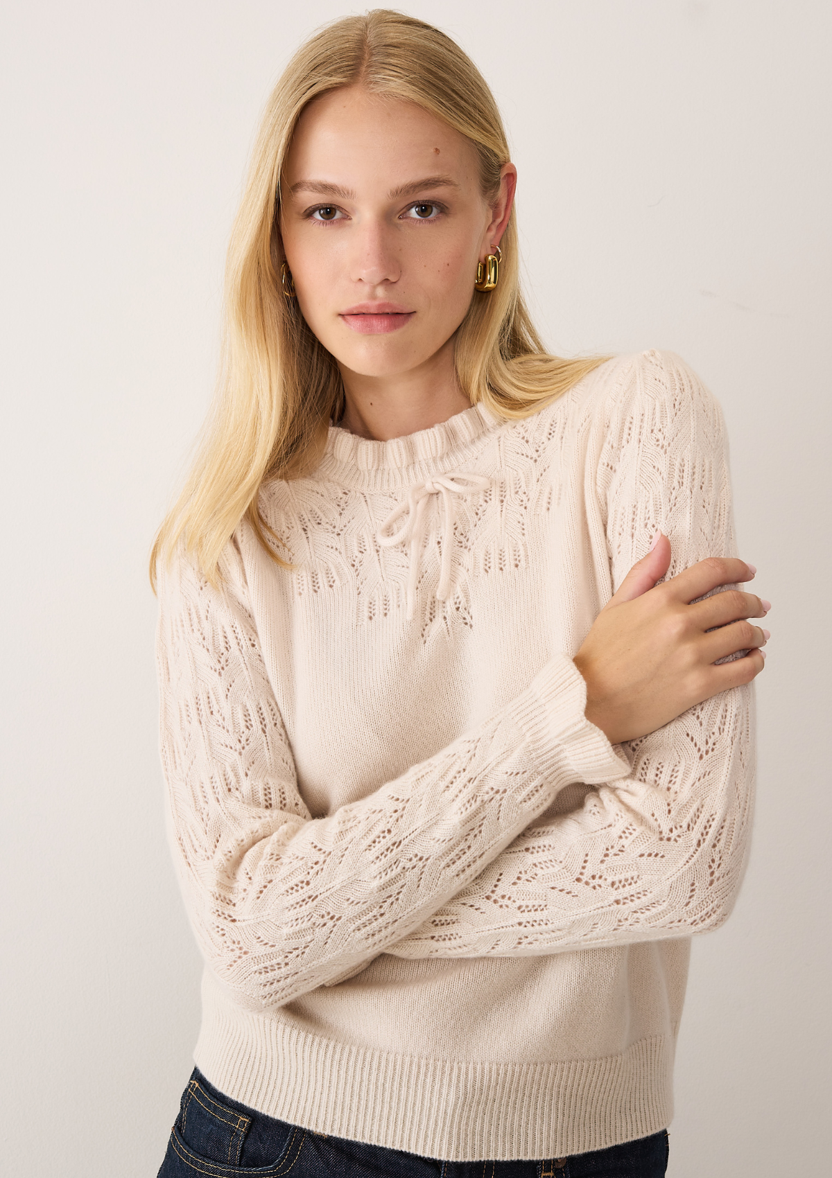 Tie Neck Pointelle Sweater in Feather Neutral