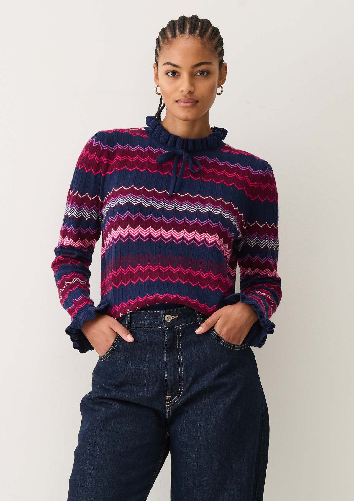 Chevron Stitch Sweater in Pink & Navy Mix
