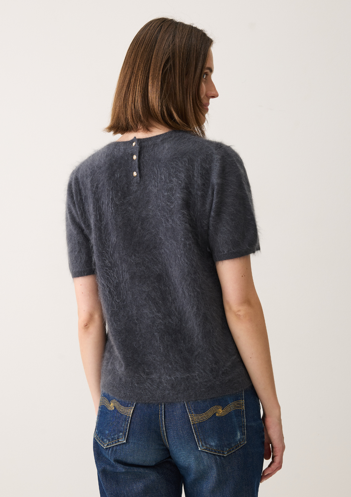 Short-Sleeved Brushed Cashmere Sweater with Jewelled Buttons in Universe Grey