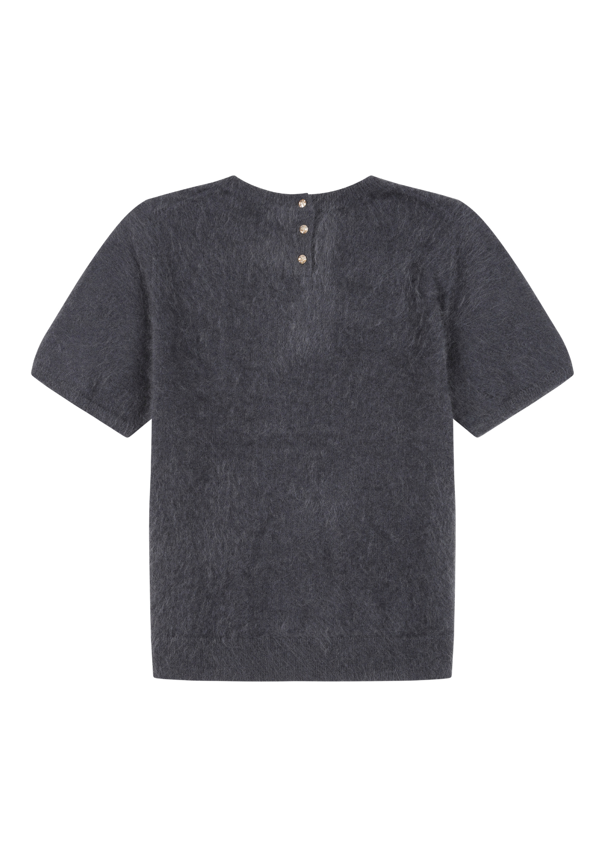 Short-Sleeved Brushed Cashmere Sweater with Jewelled Buttons in Universe Grey