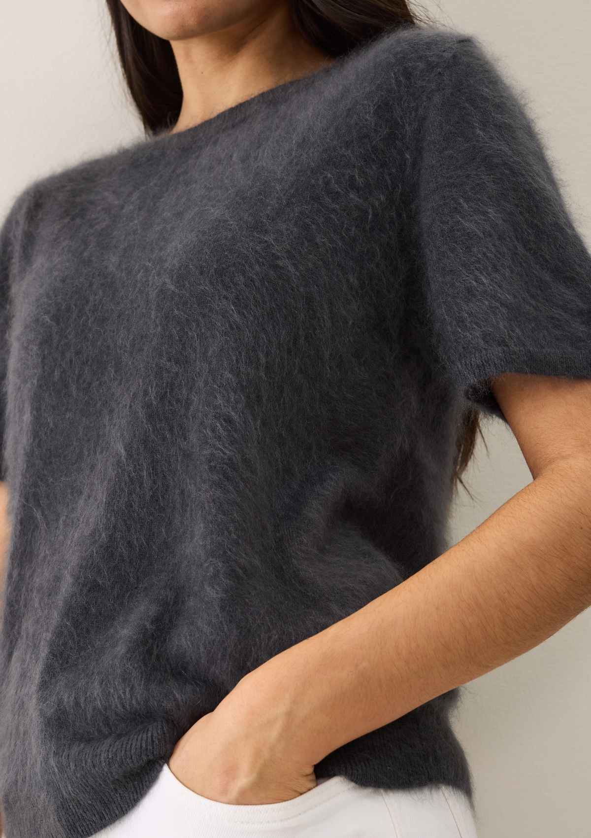 Short-Sleeved Brushed Cashmere Sweater with Jewelled Buttons in Universe Grey
