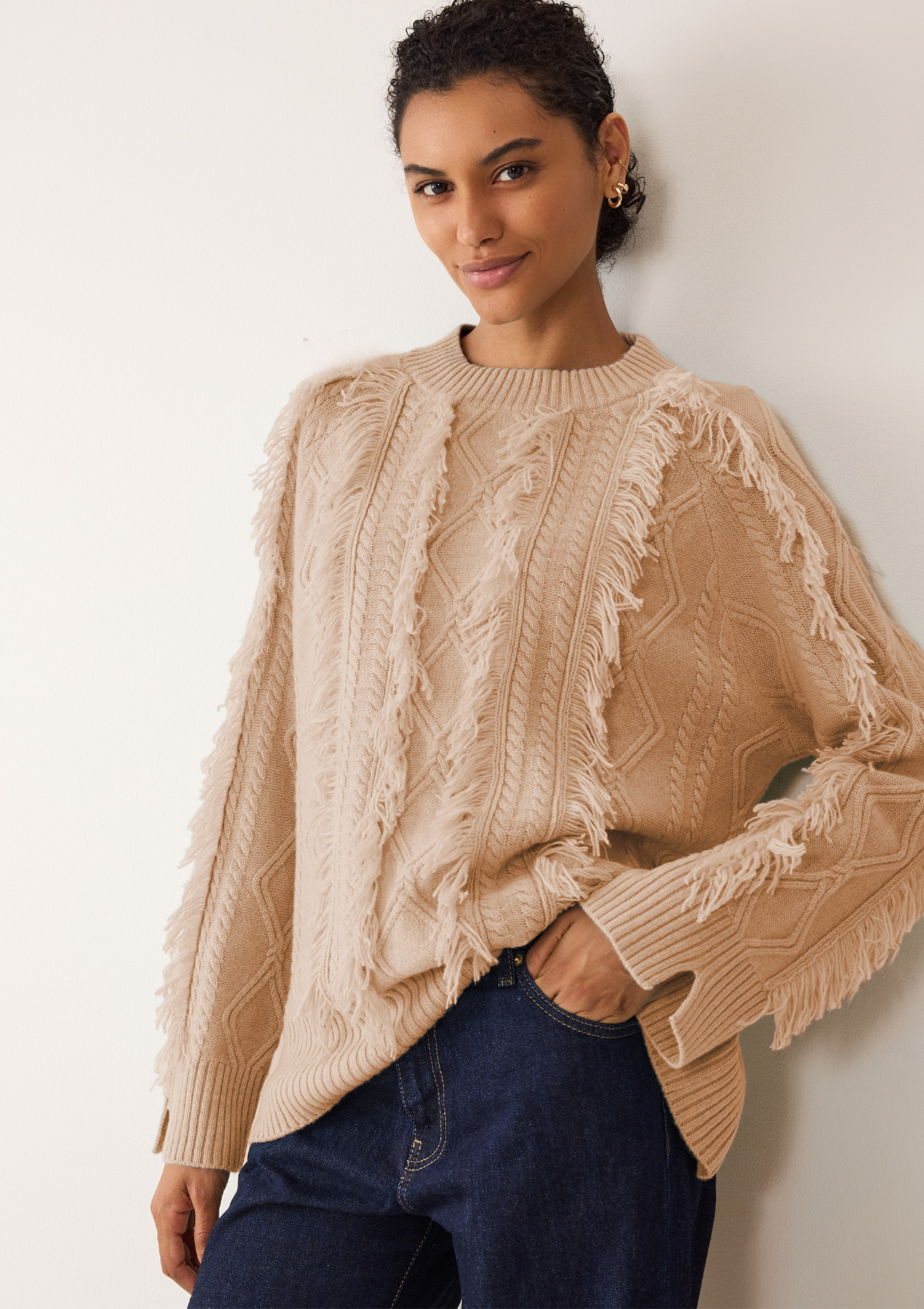Fringed Cabled Sweater in Toffee