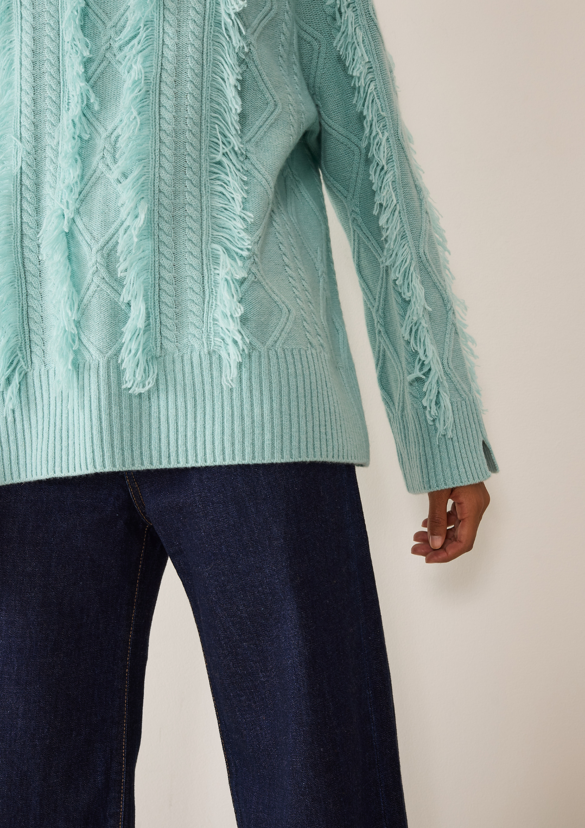 Fringed Cabled Sweater in Seafoam Green