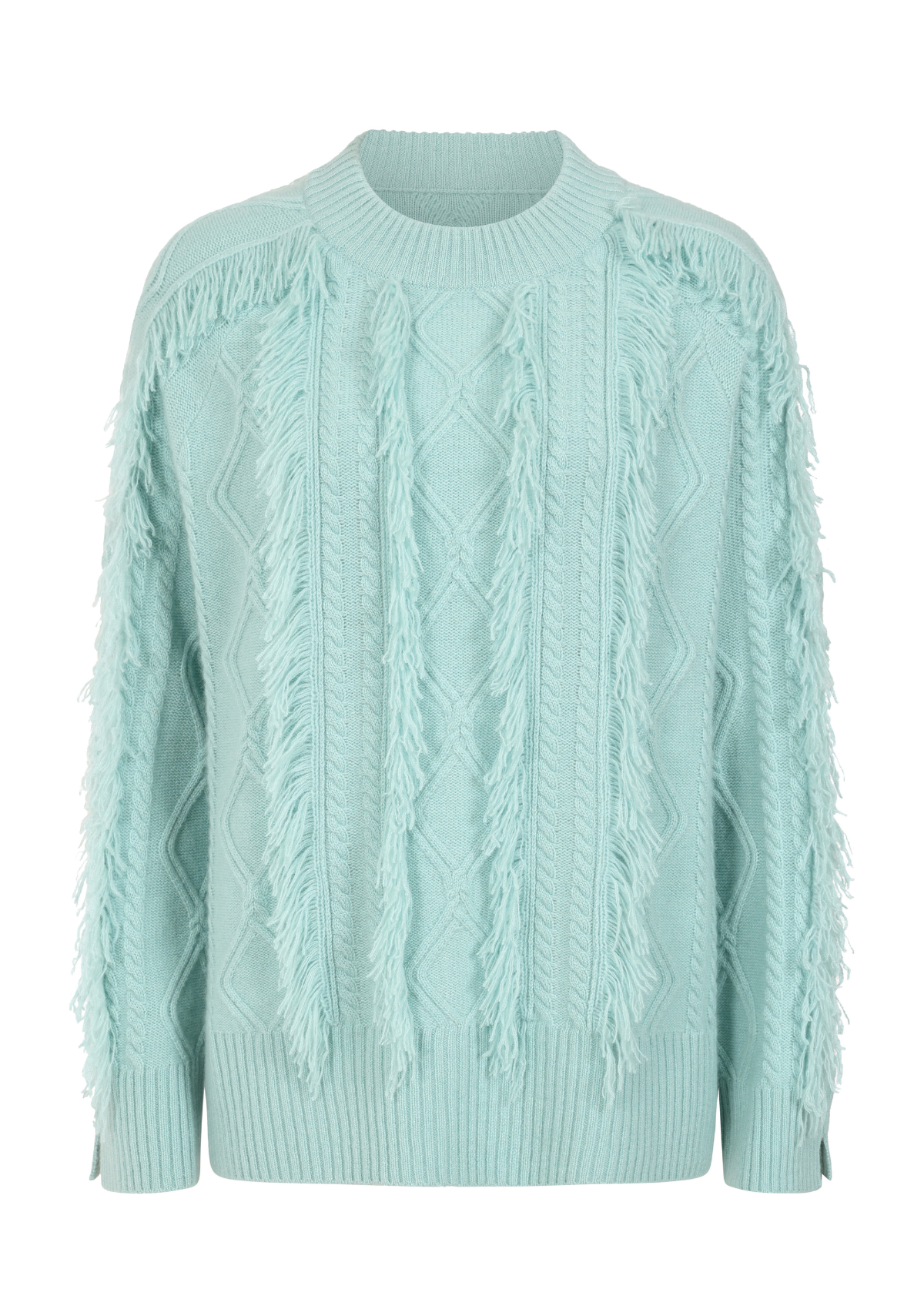 Fringed Cabled Sweater in Seafoam Green