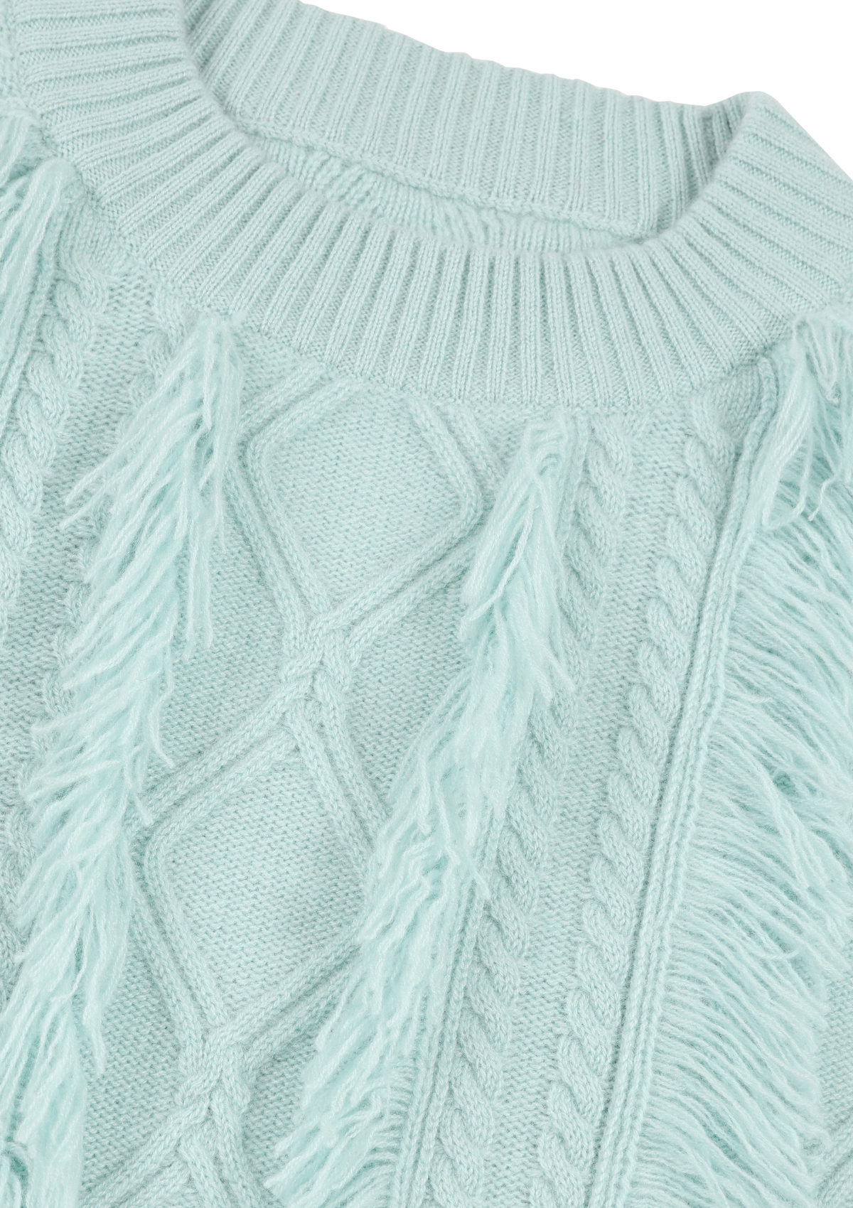 Fringed Cabled Sweater in Seafoam Green