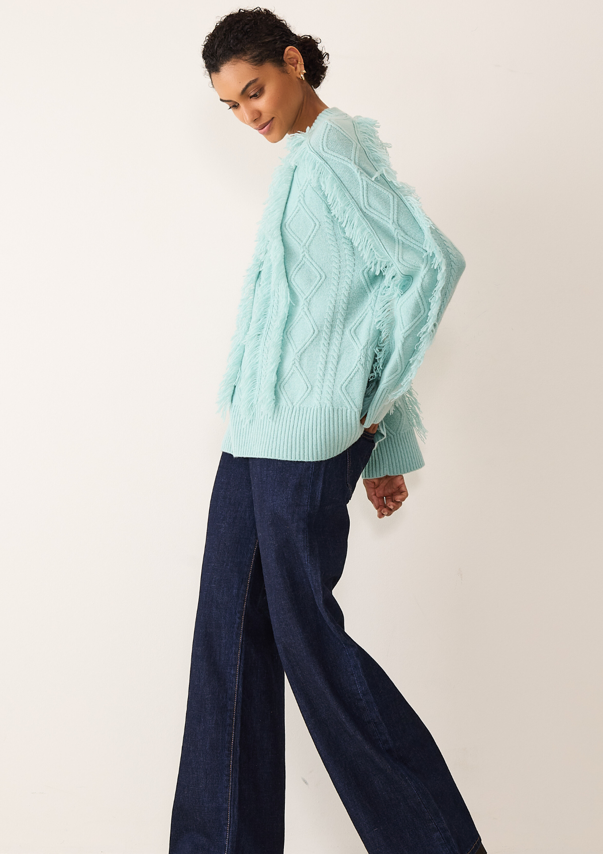 Fringed Cabled Sweater in Seafoam Green
