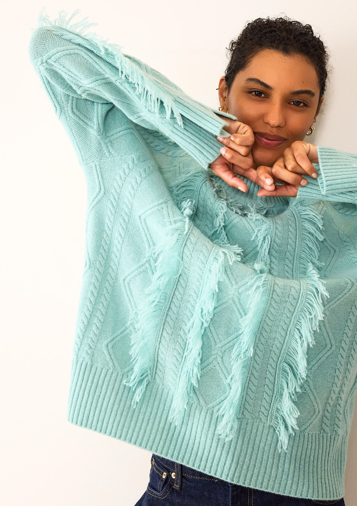 Fringed Cabled Sweater in Seafoam Green