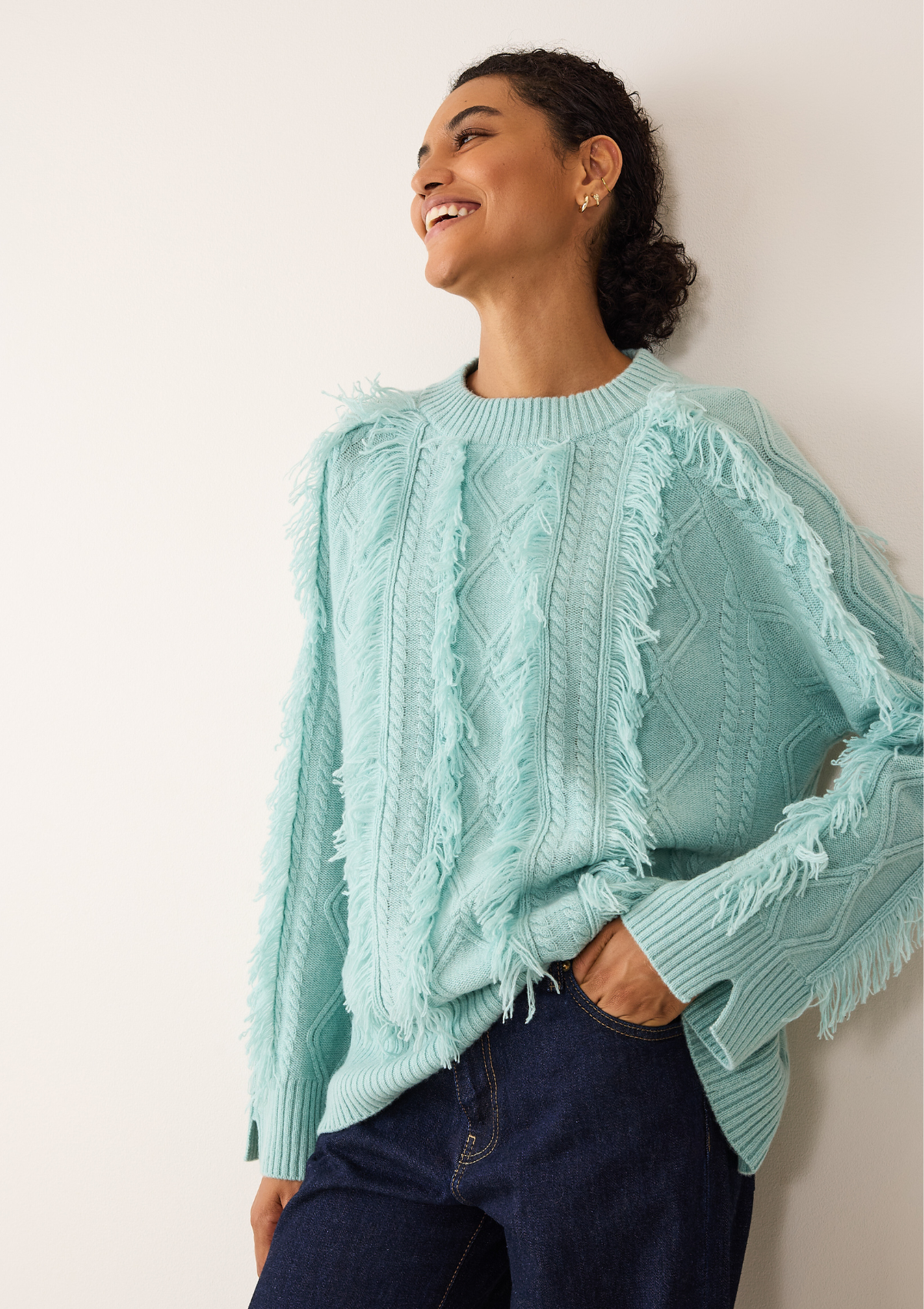 Fringed Cabled Sweater in Seafoam Green
