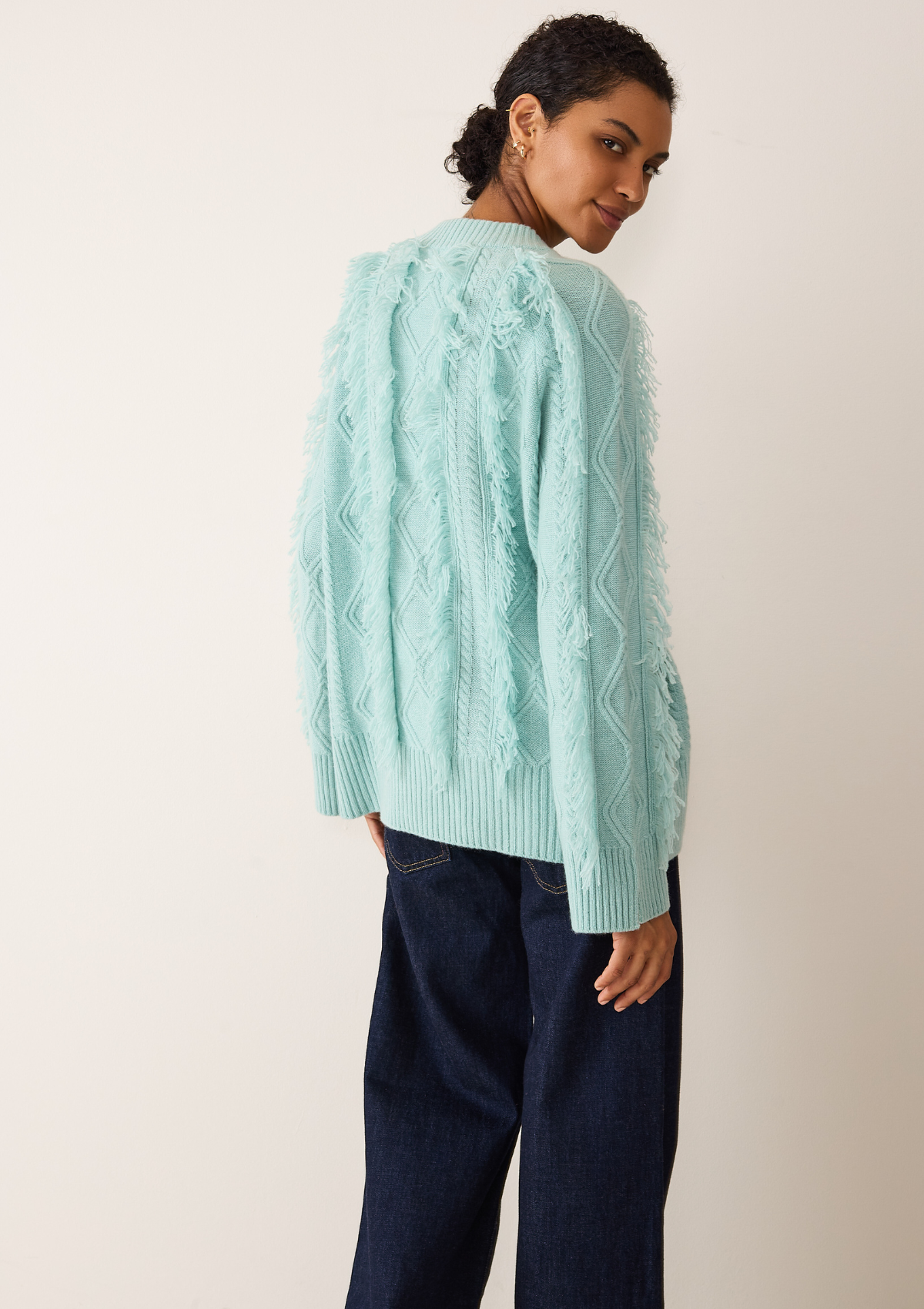 Fringed Cabled Sweater in Seafoam Green
