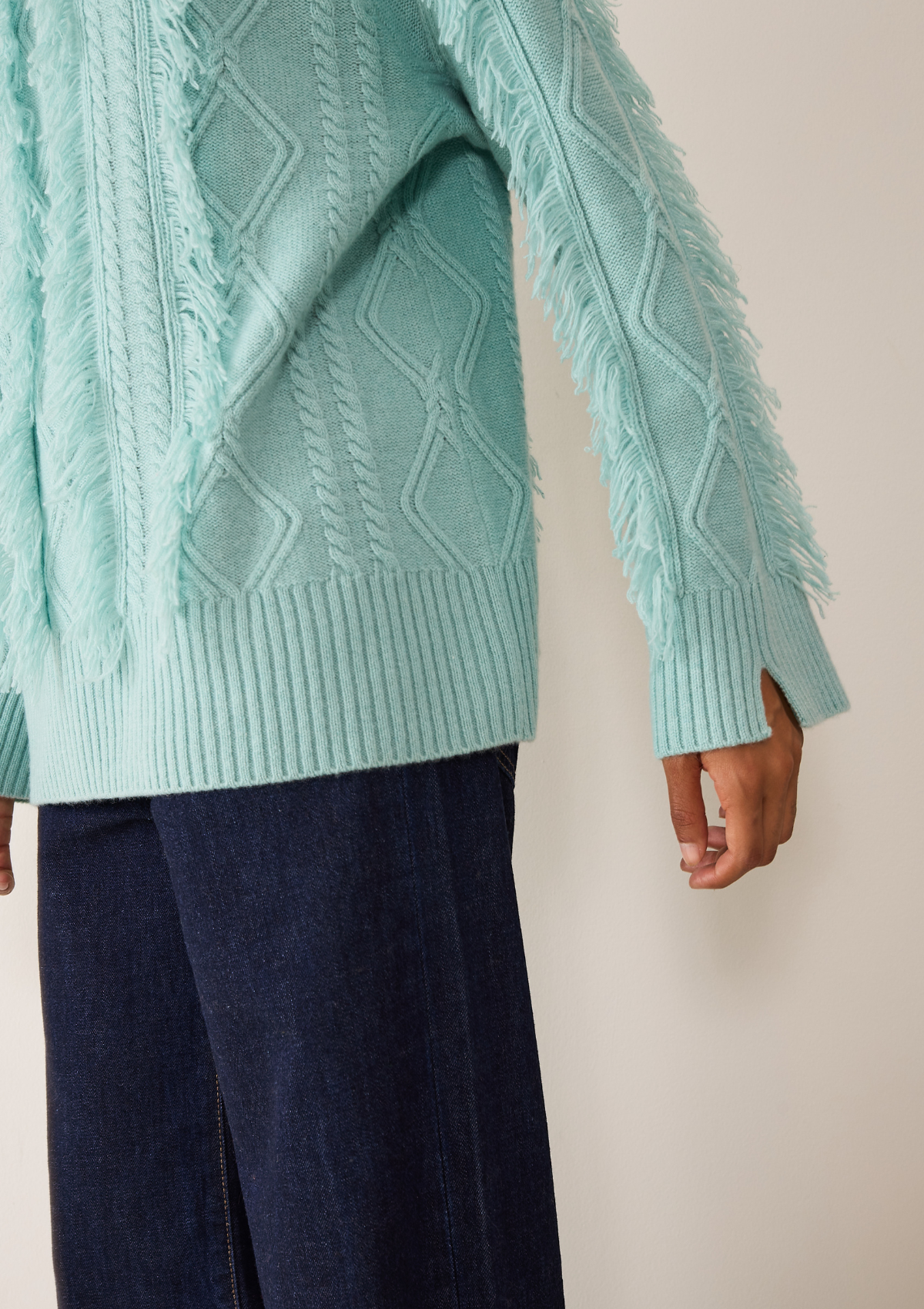 Fringed Cabled Sweater in Seafoam Green