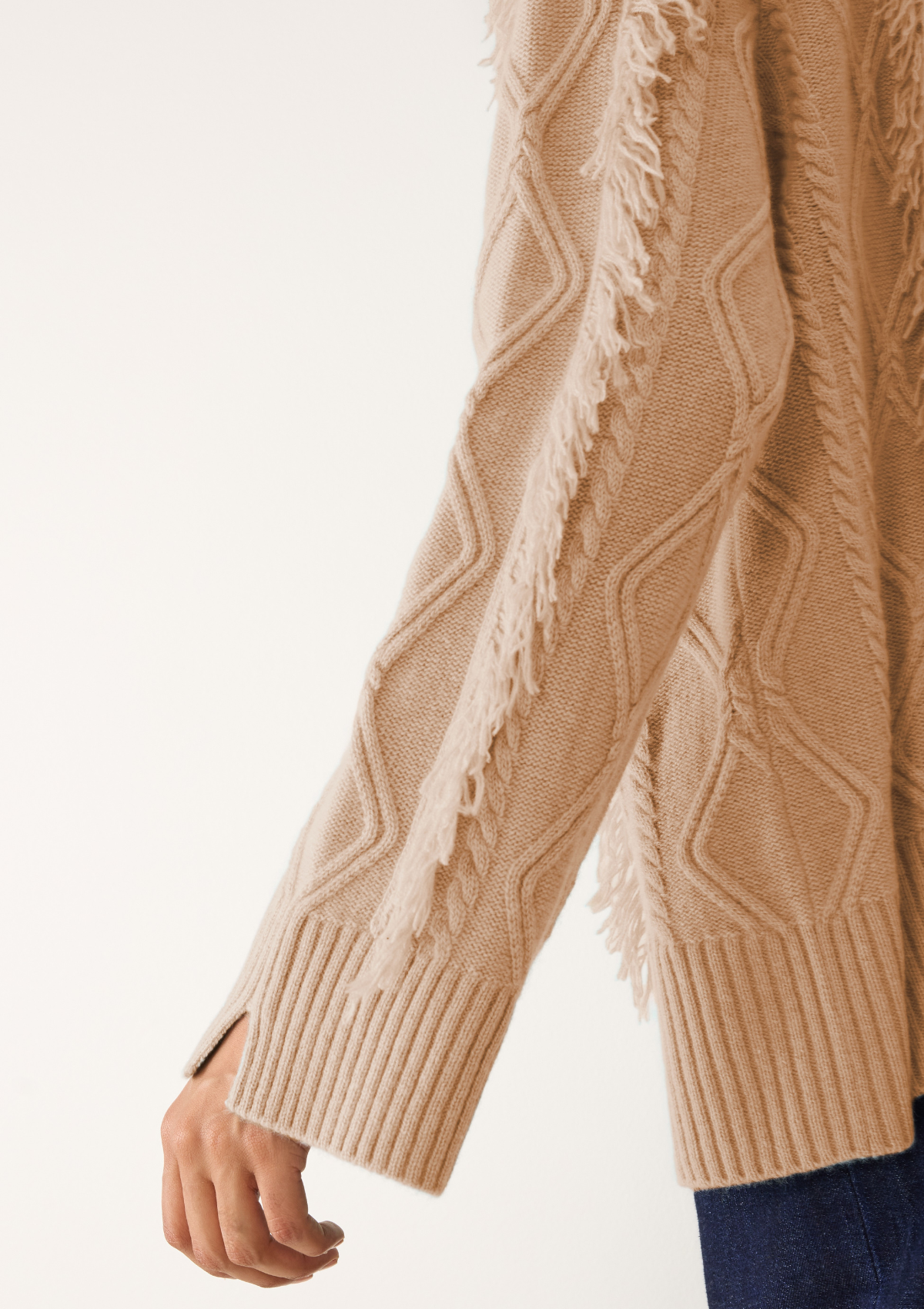 Fringed Cabled Sweater in Toffee