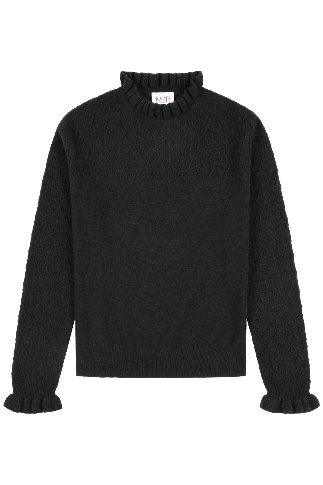 Tie Neck Pointelle Sweater in Black