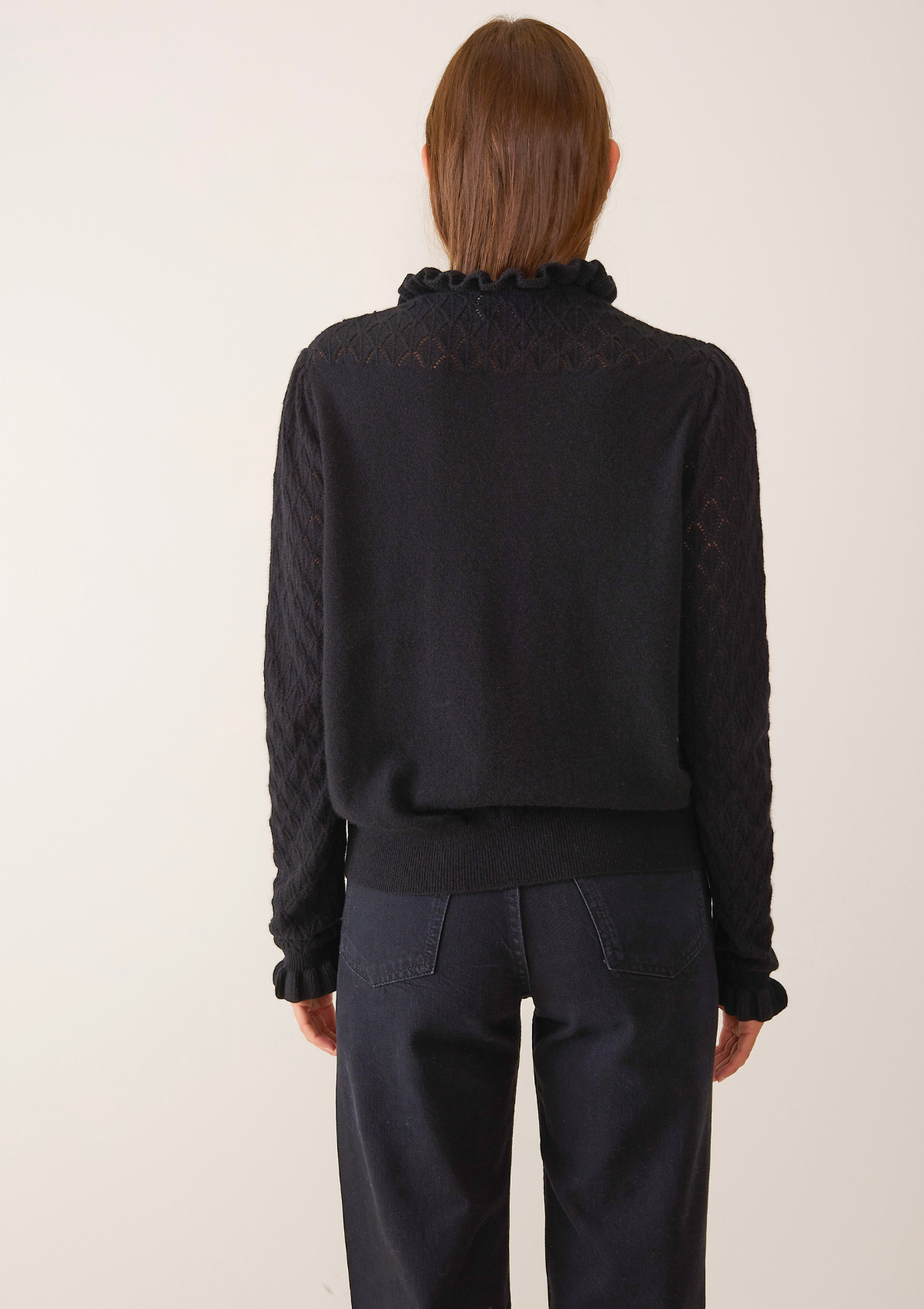 Tie Neck Pointelle Sweater in Black