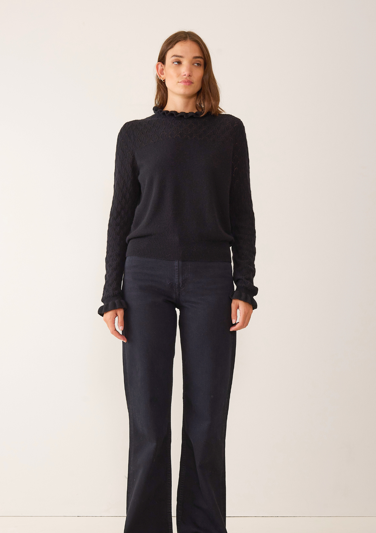 Tie Neck Pointelle Sweater in Black