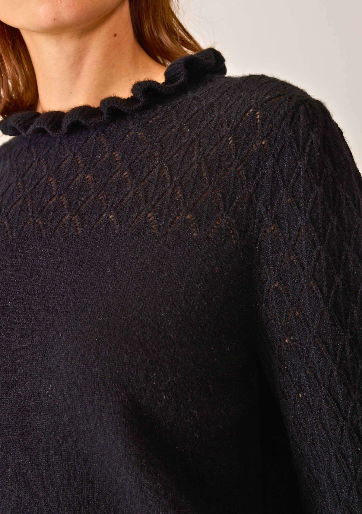 Tie Neck Pointelle Sweater in Black
