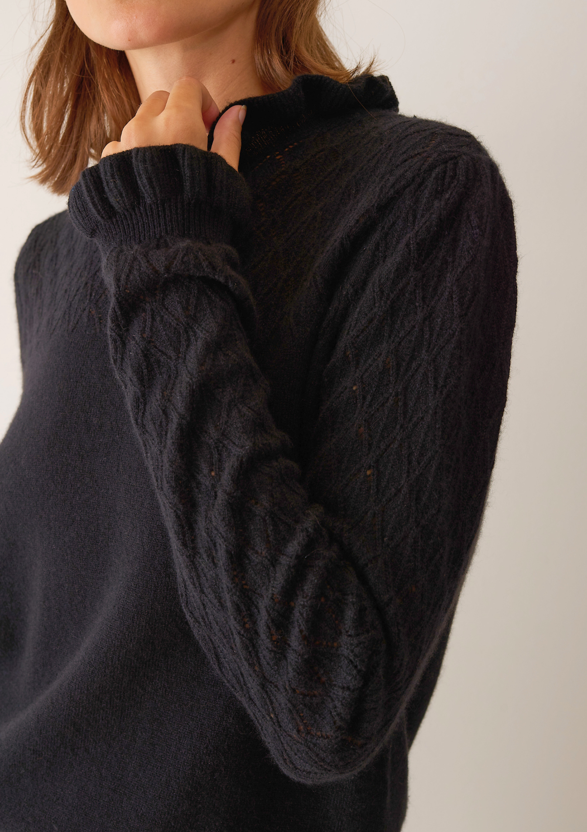 Tie Neck Pointelle Sweater in Black