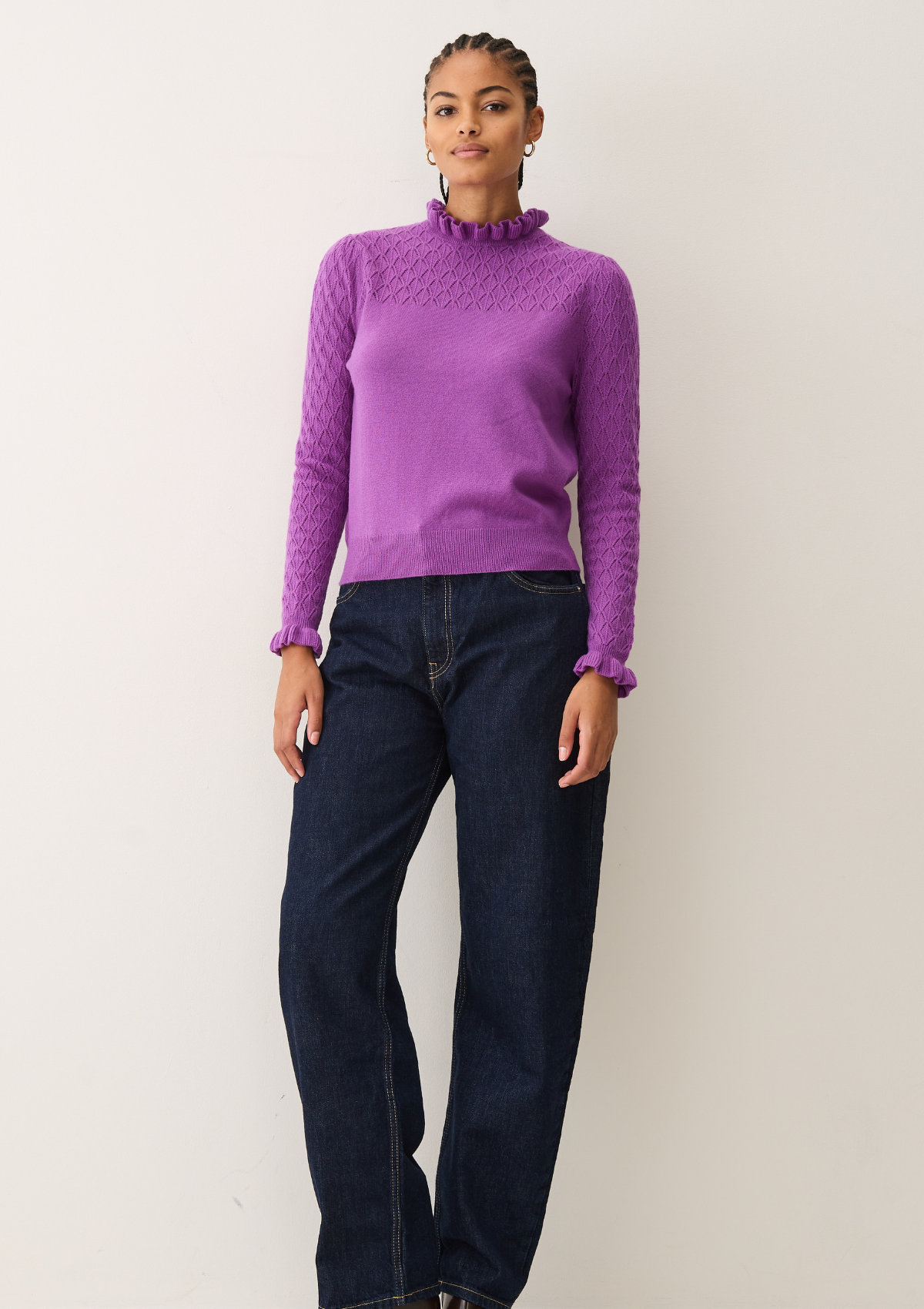 Tie Neck Pointelle Sweater in Vibration Purple