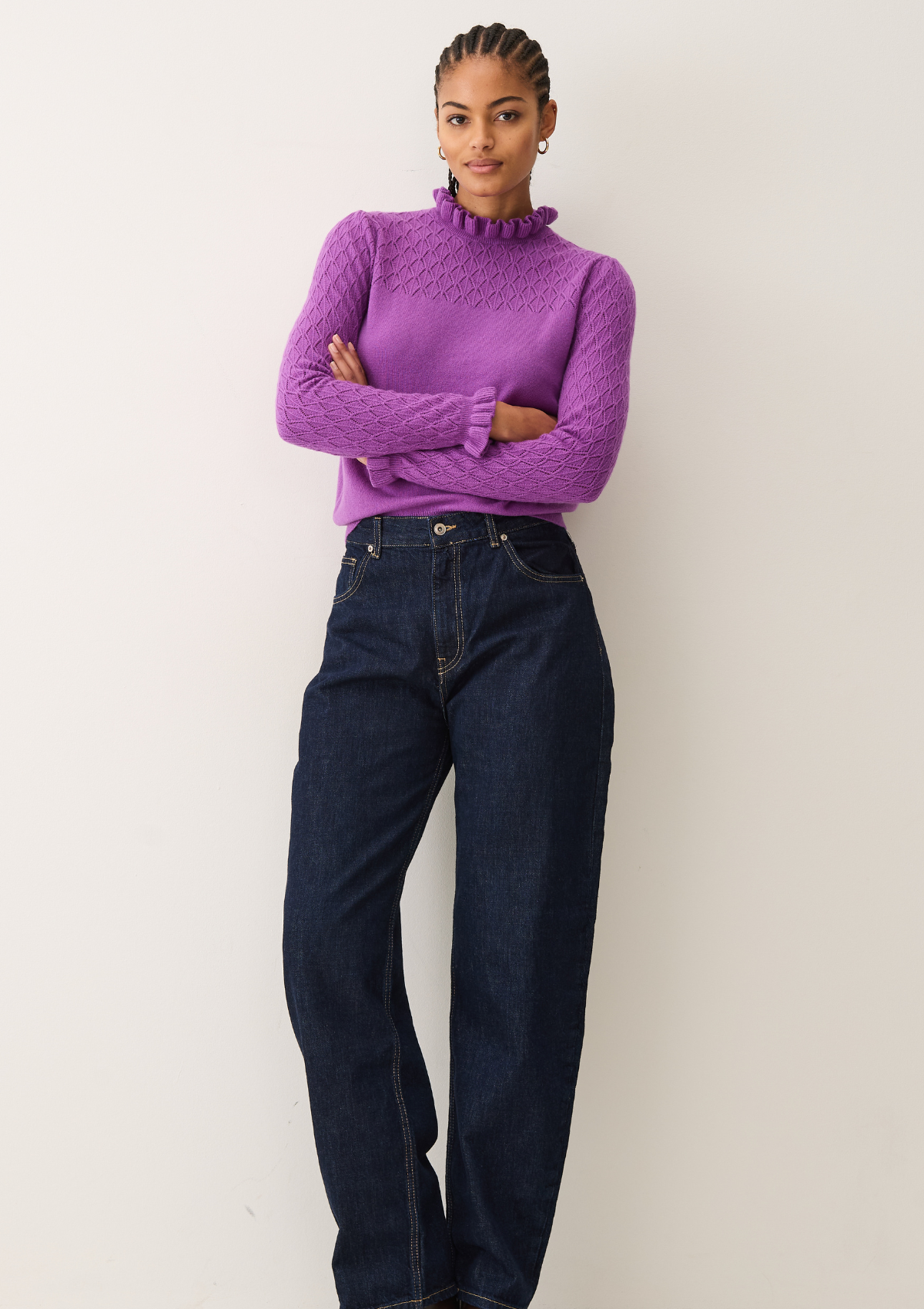 Tie Neck Pointelle Sweater in Vibration Purple