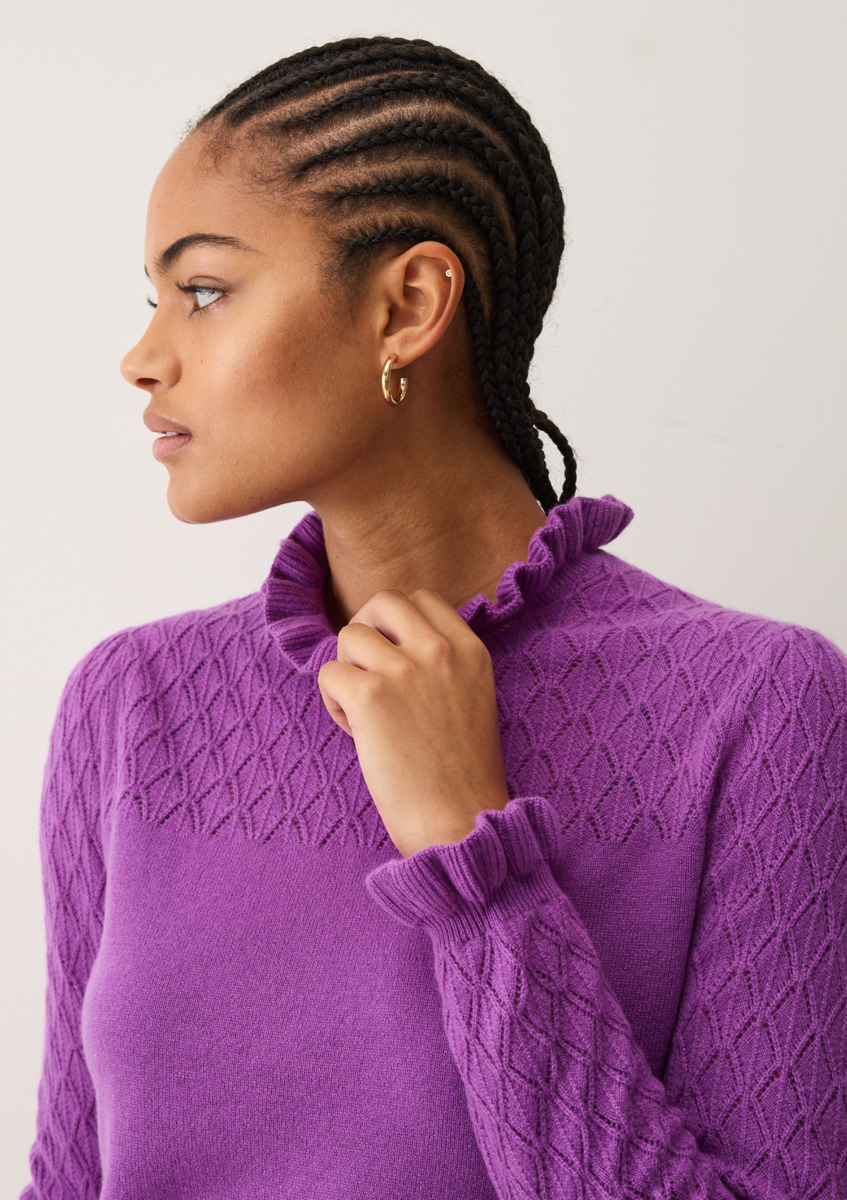 Tie Neck Pointelle Sweater in Vibration Purple