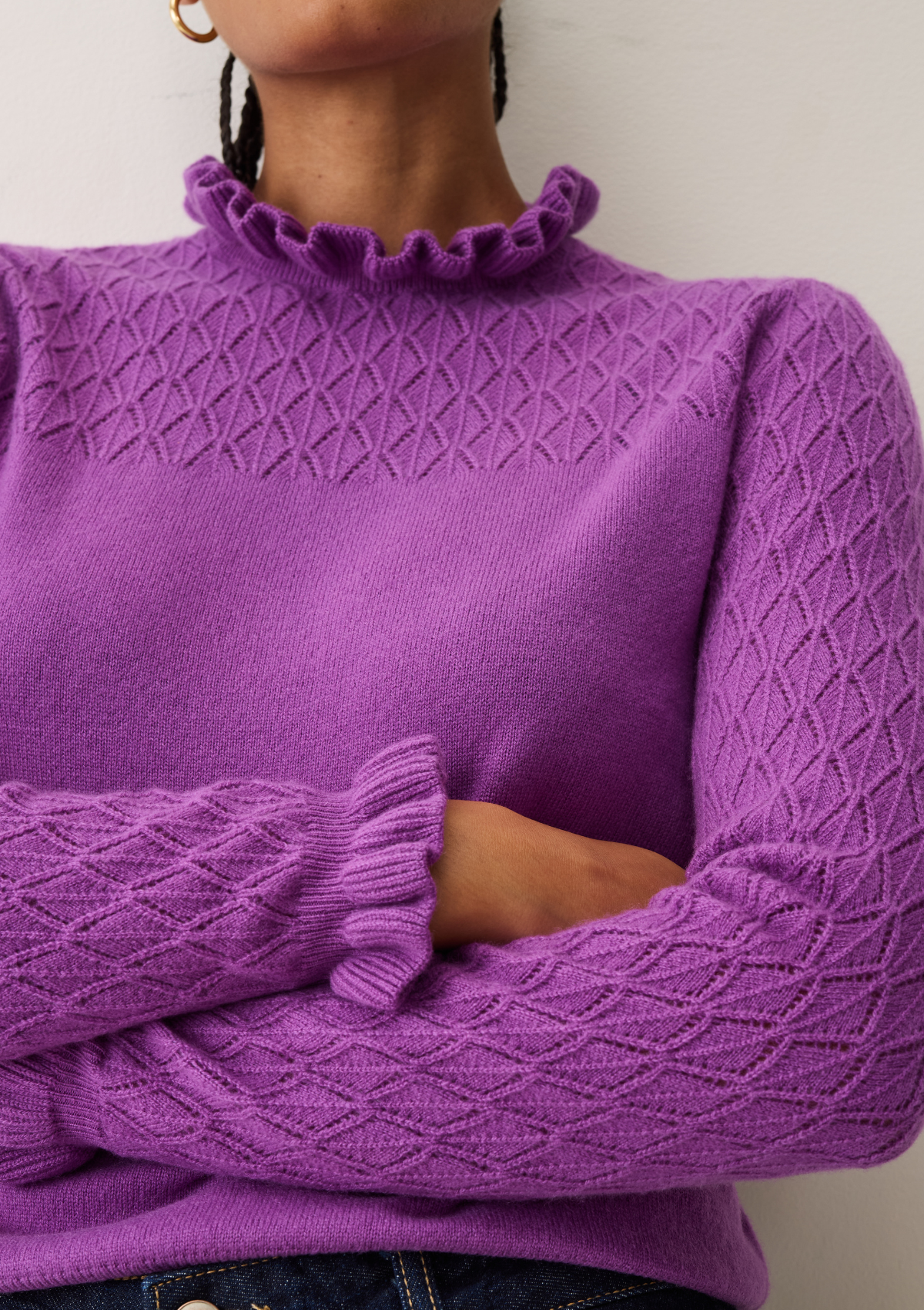 Tie Neck Pointelle Sweater in Vibration Purple