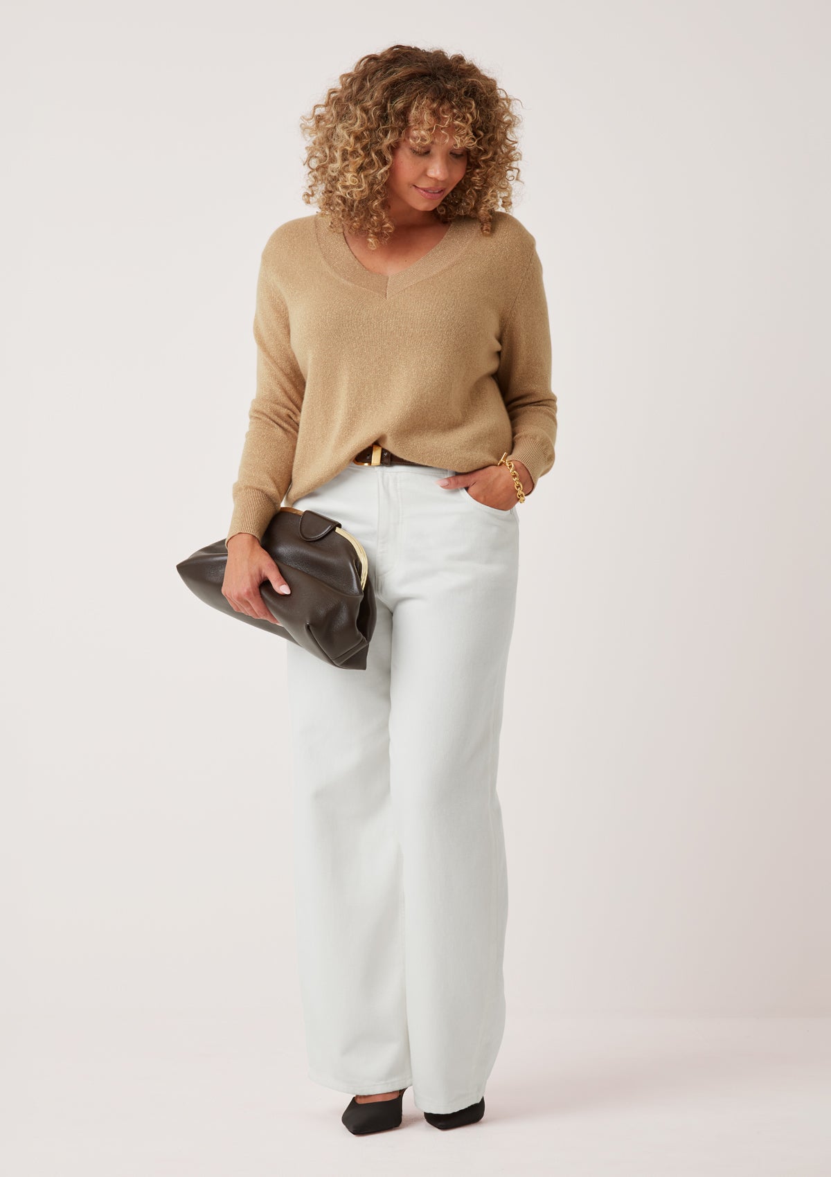 Lurex V Neck Sweater in Honey