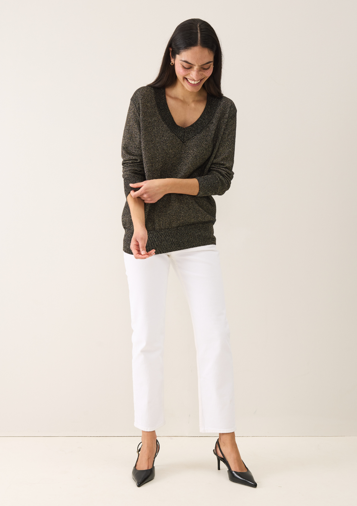 V-Neck Sweater in Black & Gold Lurex Twist