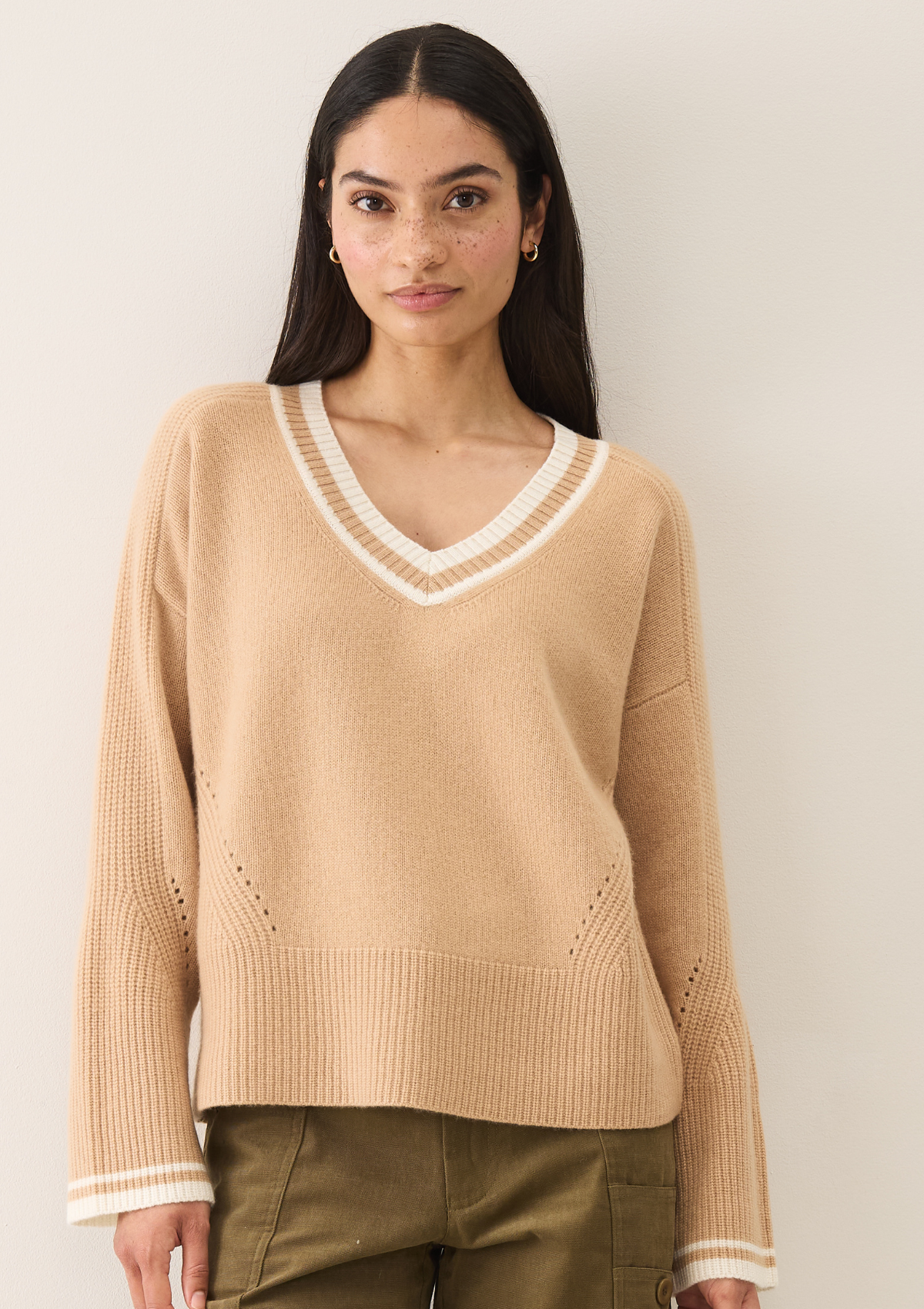 Striped Tipped V Neck Lofty Sweater in Honey