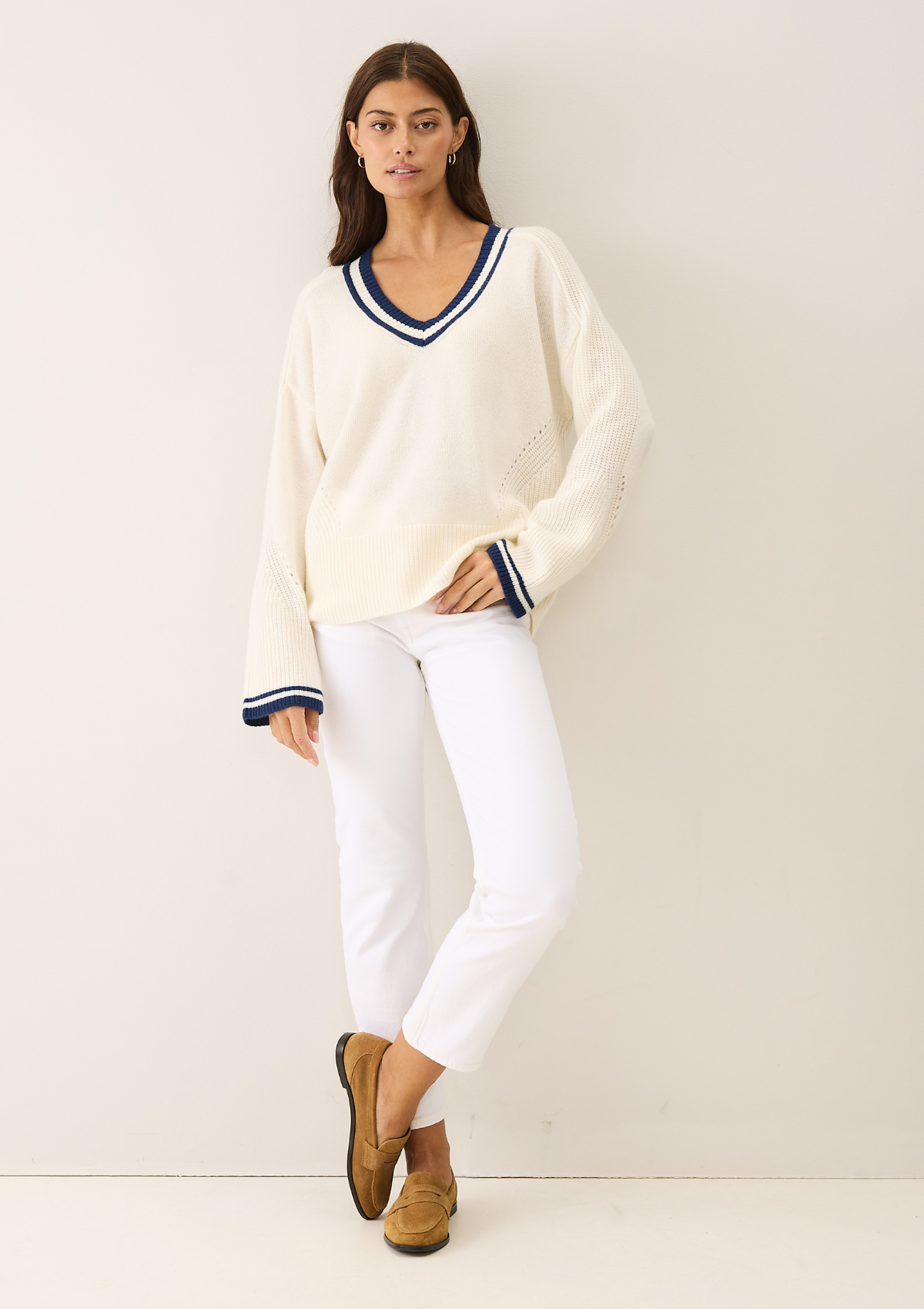 Striped Tipped V Neck Lofty Sweater in Snow White