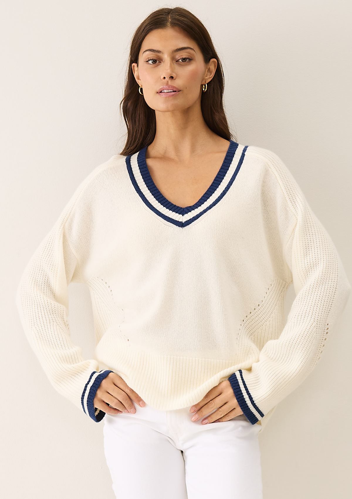 Striped Tipped V Neck Lofty Sweater in Snow White