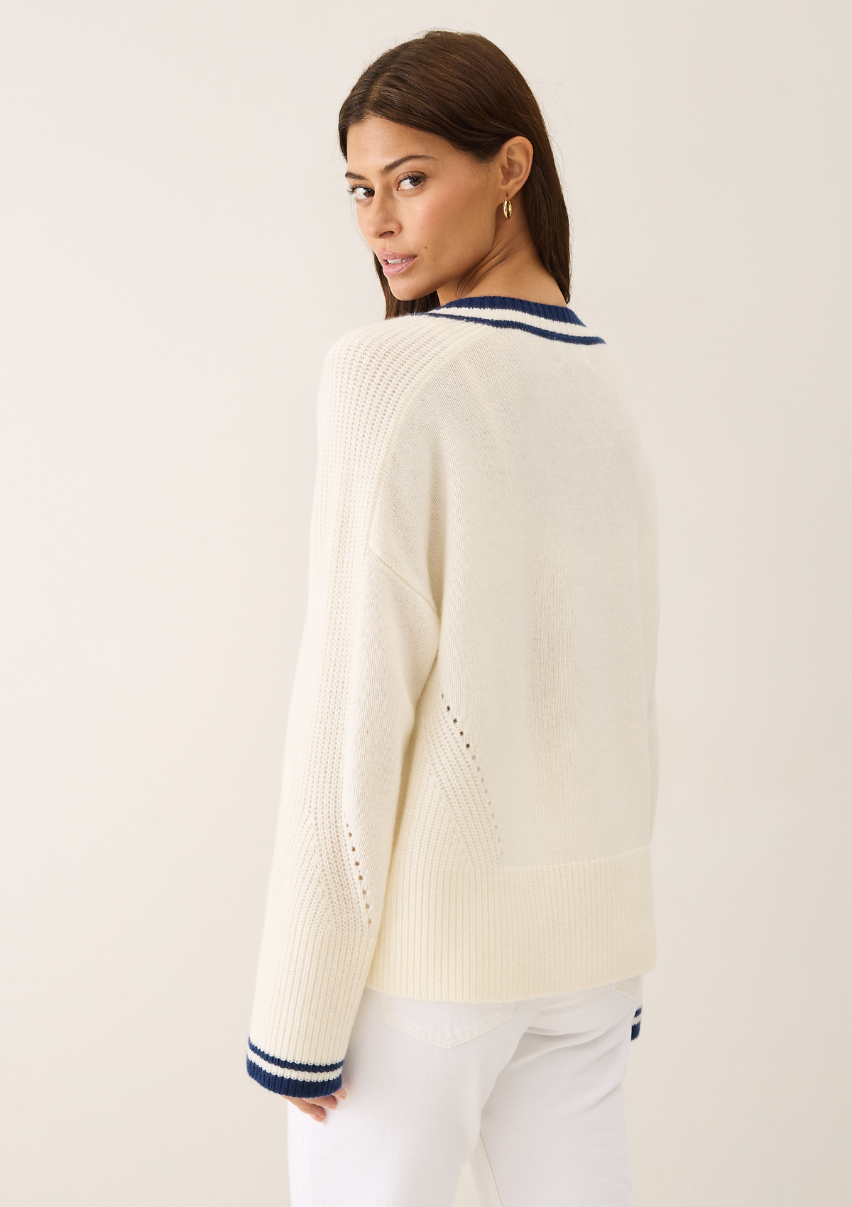 Striped Tipped V Neck Lofty Sweater in Snow White