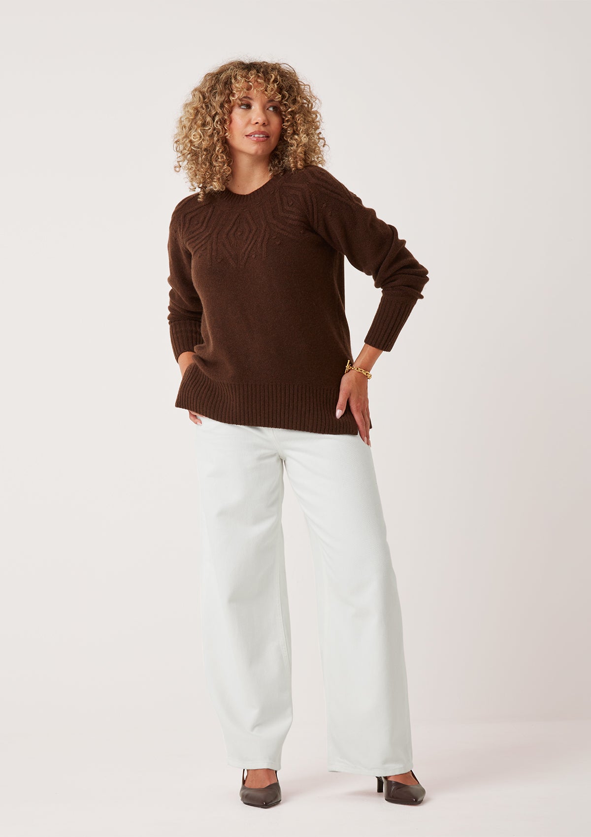 Cable Yoke Sweater in Americano Brown