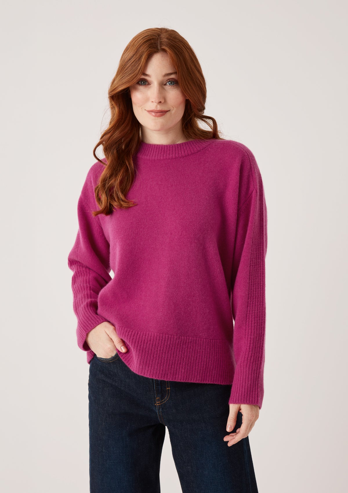 Cashmere Longline Crew Neck Sweater in Morello Pink