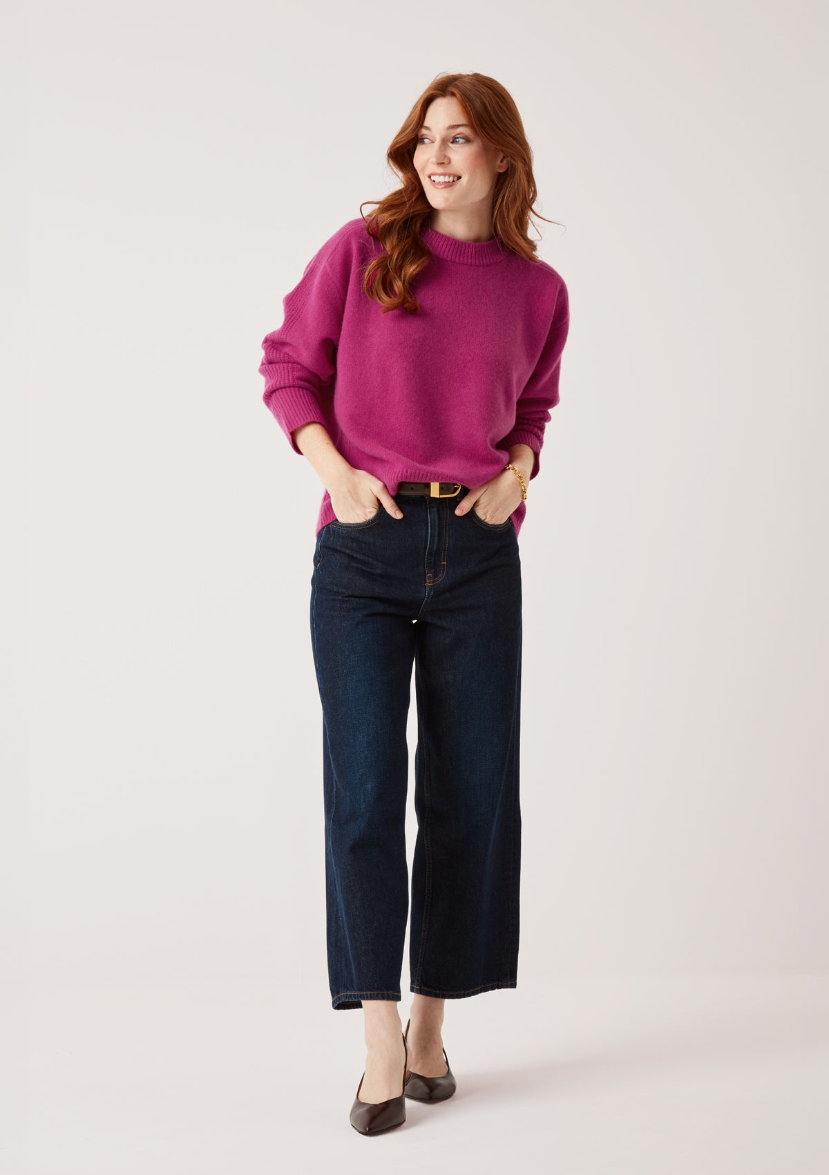 Cashmere Longline Crew Neck Sweater in Morello Pink