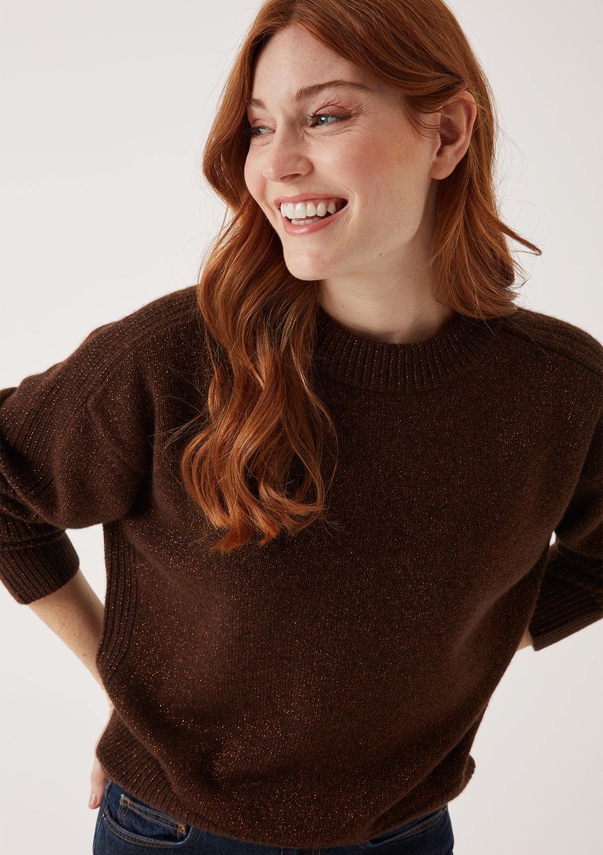 Cashmere Longline Crew Neck Sweater in Americano/Bronze Lurex