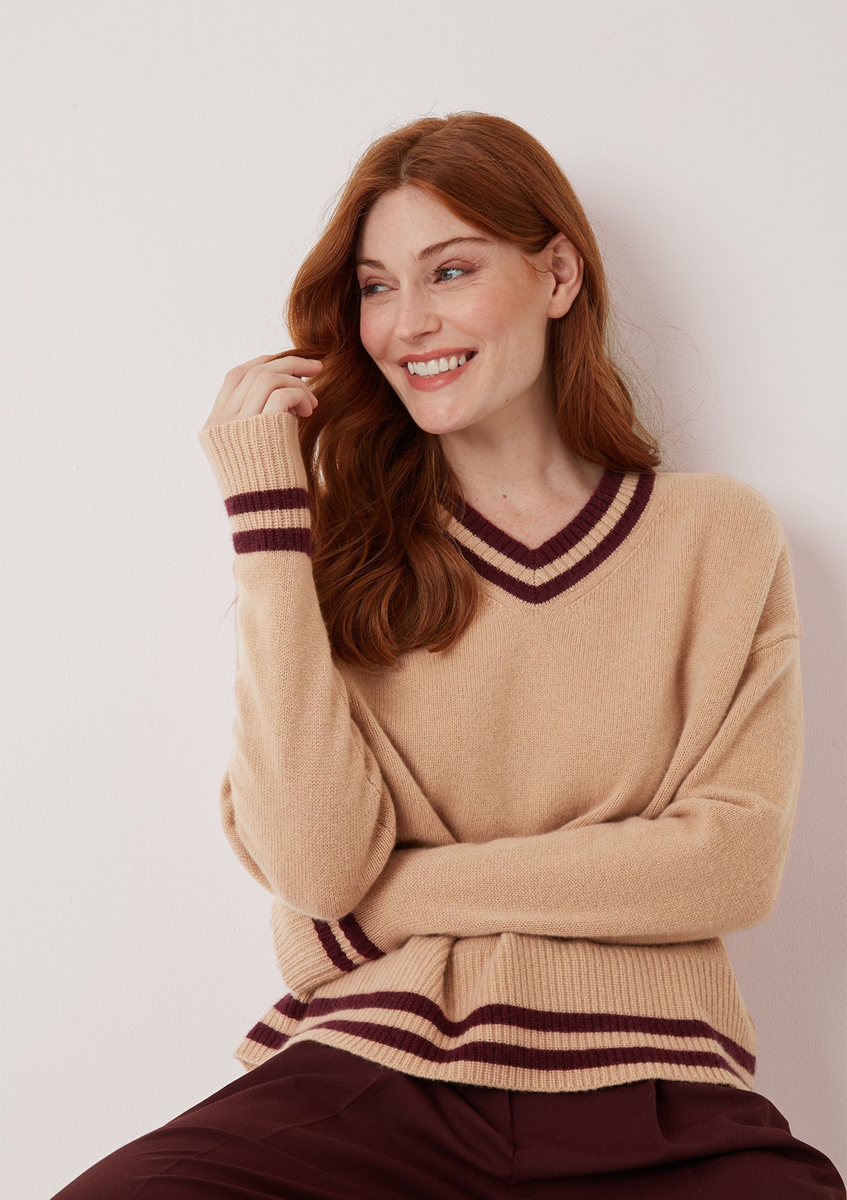 Striped Tipped V Neck Lofty Sweater in Chanterelle