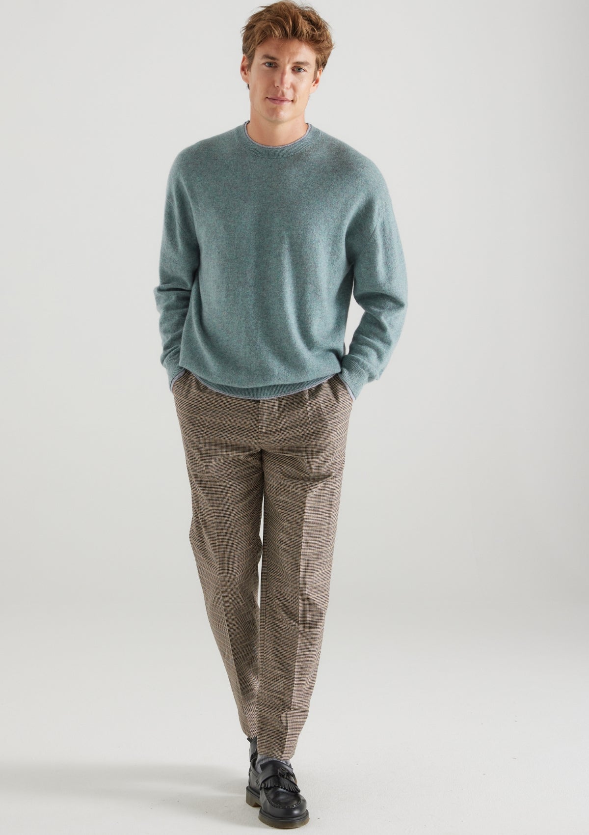 Mens Cashmere Crew Neck Sweater in Lagoon Green