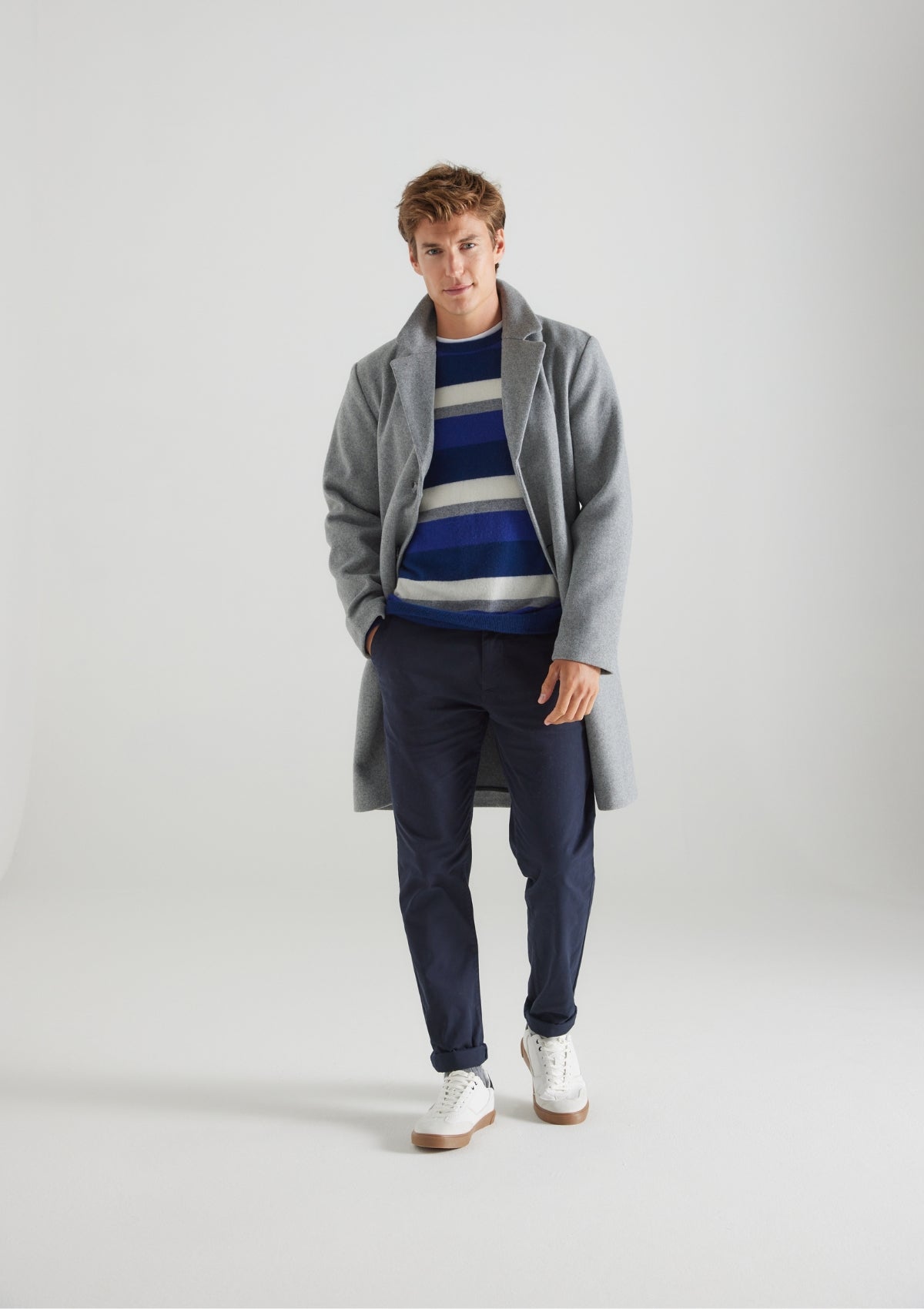 Mens Cashmere Crew Neck Sweater in Midnight Blue Stripe